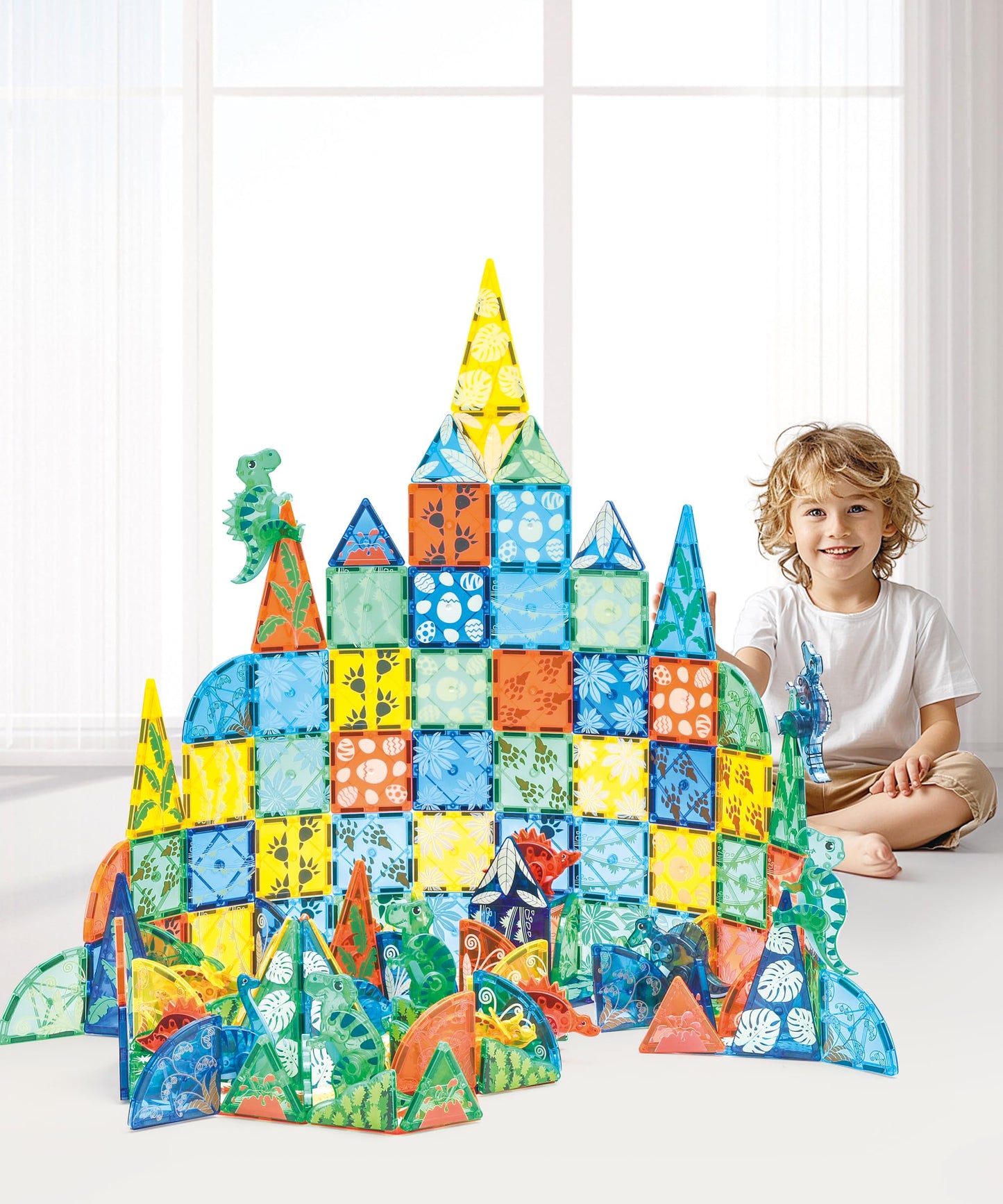 Megagontiles 106 Pcs Dinosaur Magnetic Tiles Set | Magnet Building Blocks Dino World Toys | Stem Authenticated| Magnet Tiles Animals For Toddlers Boys Girls Kids Age 3 4 5 6 7 8