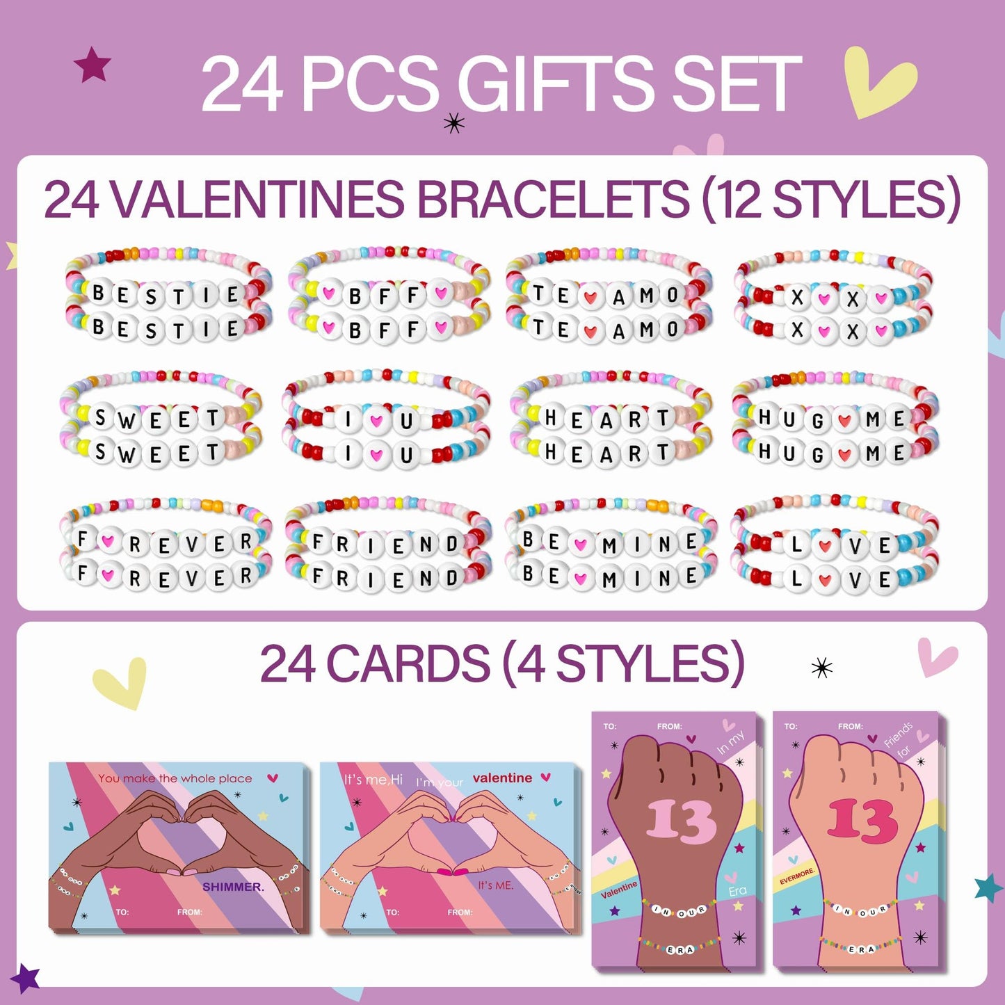 Gerigity Valentines Day Cards for Kids School - 28 Pack Valentines Bracelets for Kids, Friendship Valentines Cards, Valentines D