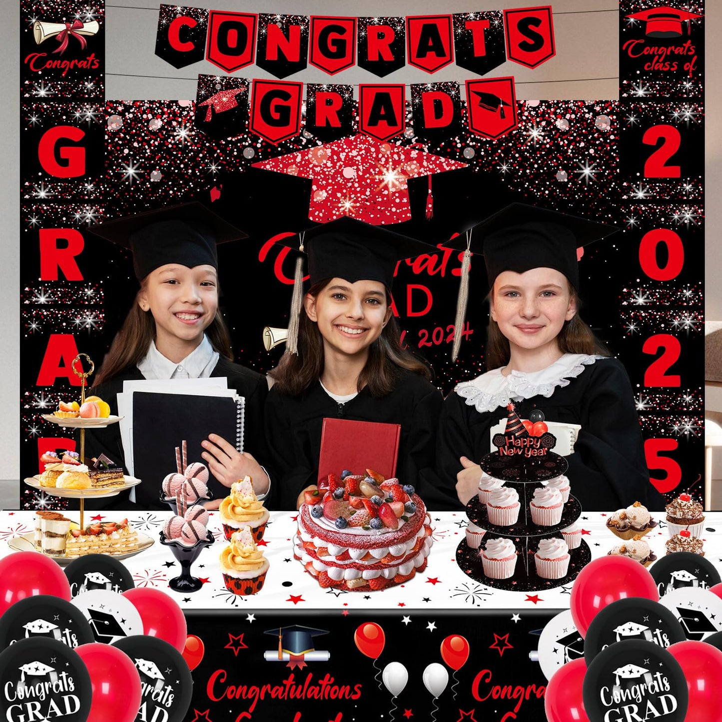 Graduation Decorations 2025, Red and Black Graduation Decorations Class of 2025 Congrats Grad Backdrop Tablecloths Banner Porch