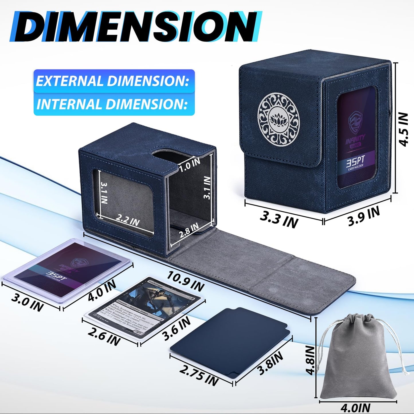 Infinity Guard Card Deck Box for MTG with Commander Display for 100+ Double Sleeved Cards  Magnetic Card Storage Box Fits for TCG Sports Trading Cards (Blue Purple&Grey)