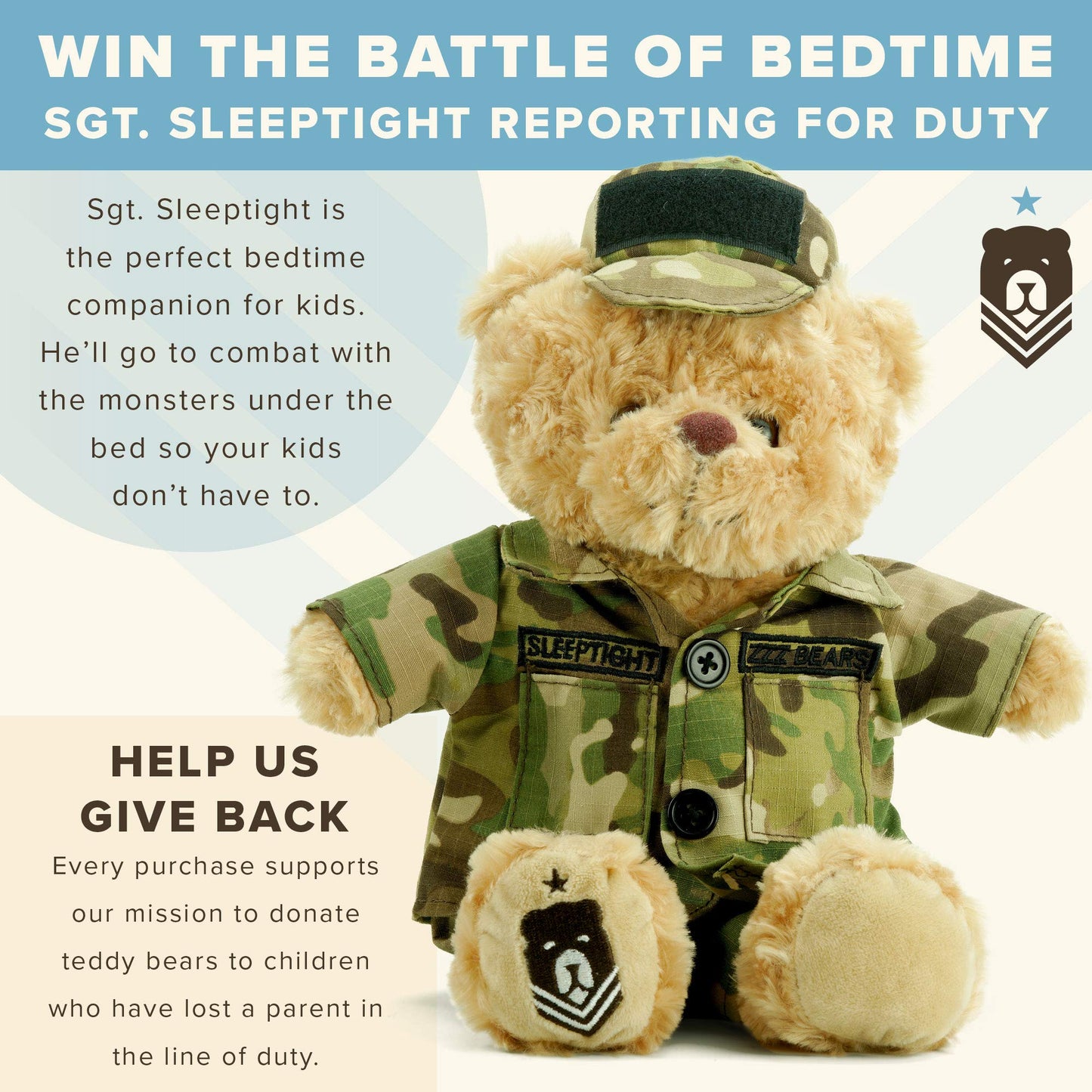 Zzz Bears Sgt Sleeptight Army Teddy Bear With Storybook & Sleep System, Comforting Gift For Army Kids, Helps With Bedtime Routin