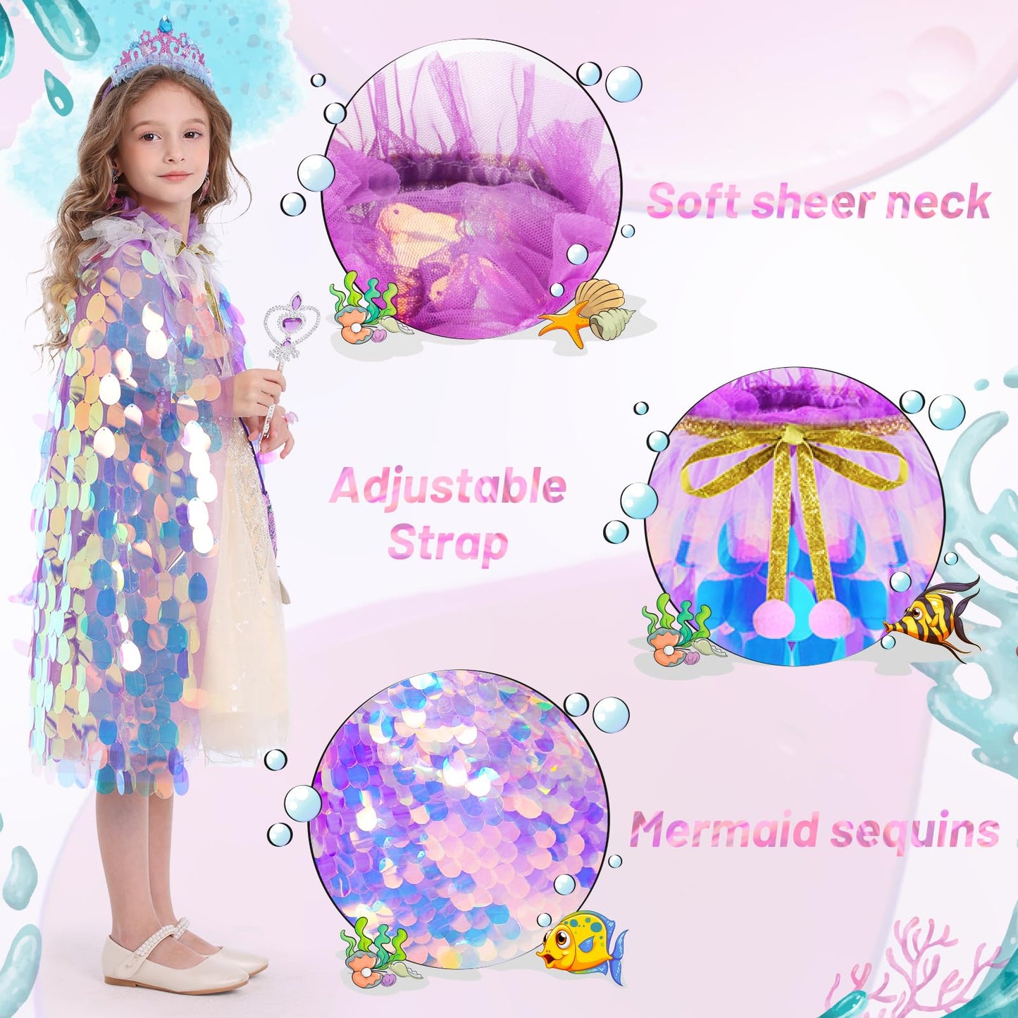 LIMIROLER Princess Dress Up Toys Princess Dress Up Clothes Rainbow Mermaid Cape Kit 9 Pcs Gift Set for Little Girls 3-8 Years Ol