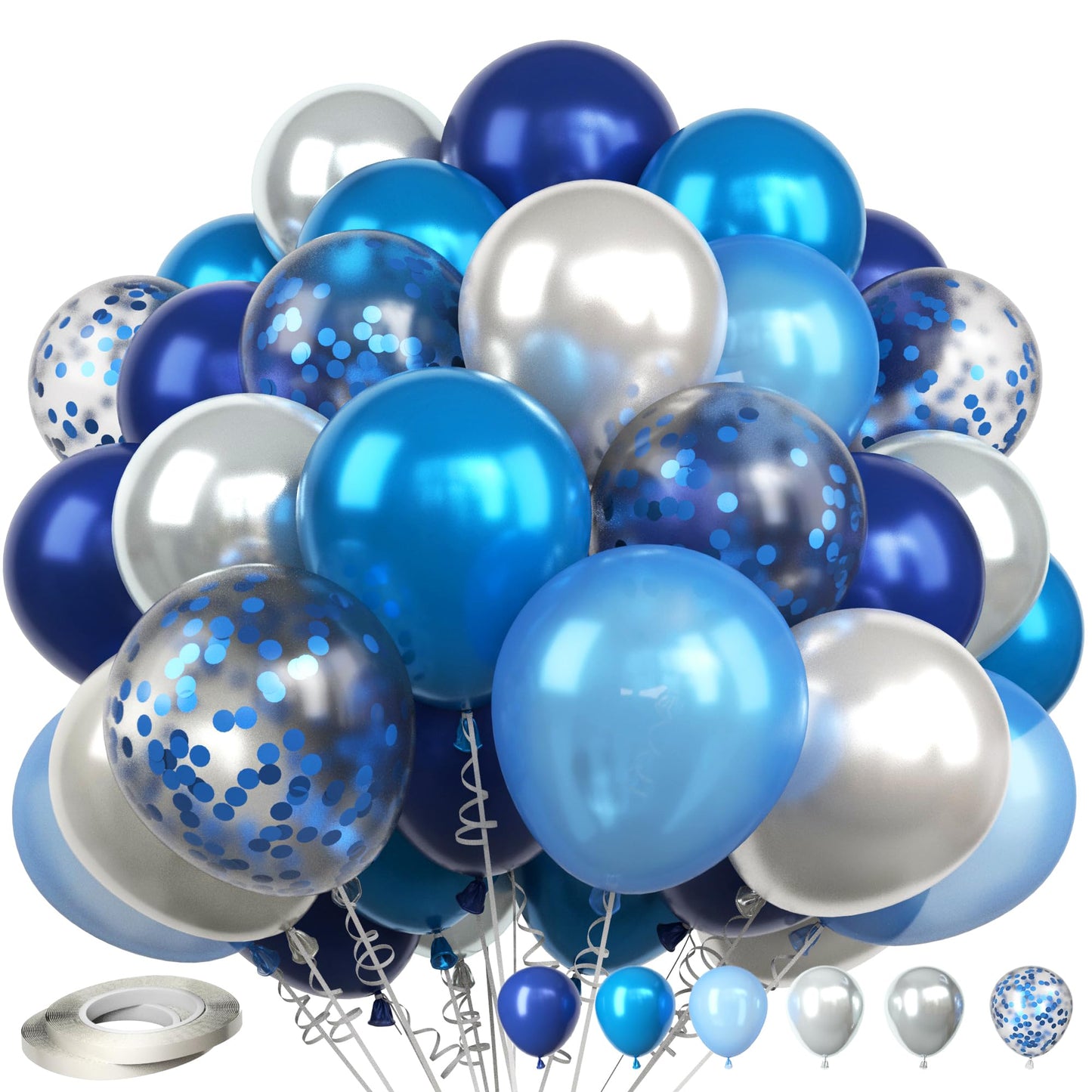 Xihaoyoo Blue Balloons, 60 Pieces 12'' Blue And Silver With Confetti, For Party, Birthday, Baby Shower Decorations, Includes Rib