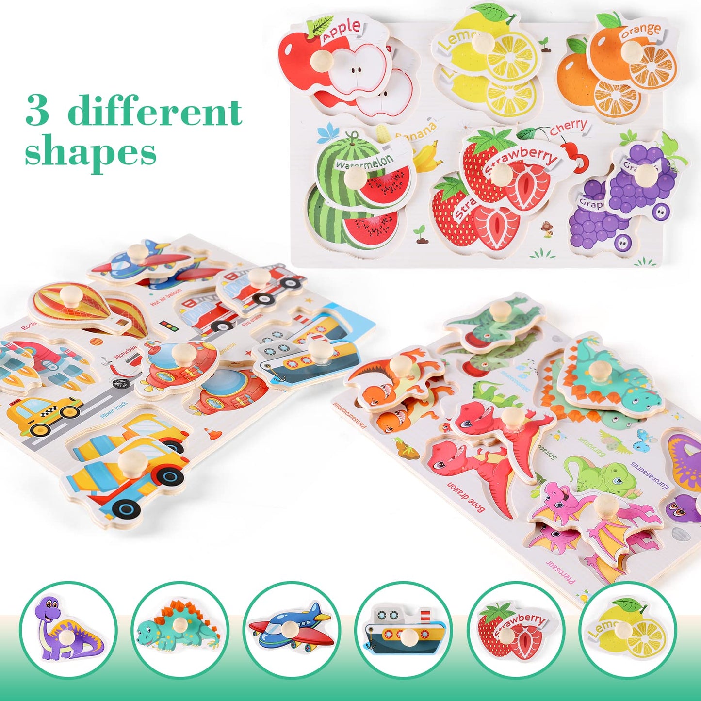 Wooden Peg Puzzles For Toddlers 1-3, Kids' Educational Preschool Peg Puzzle Toy, Set Of 3 Toddler Puzzles - Traffic, Dinosaur, And Fruit, Ideal Gift For Ages 1 2 3 Boys And Girls