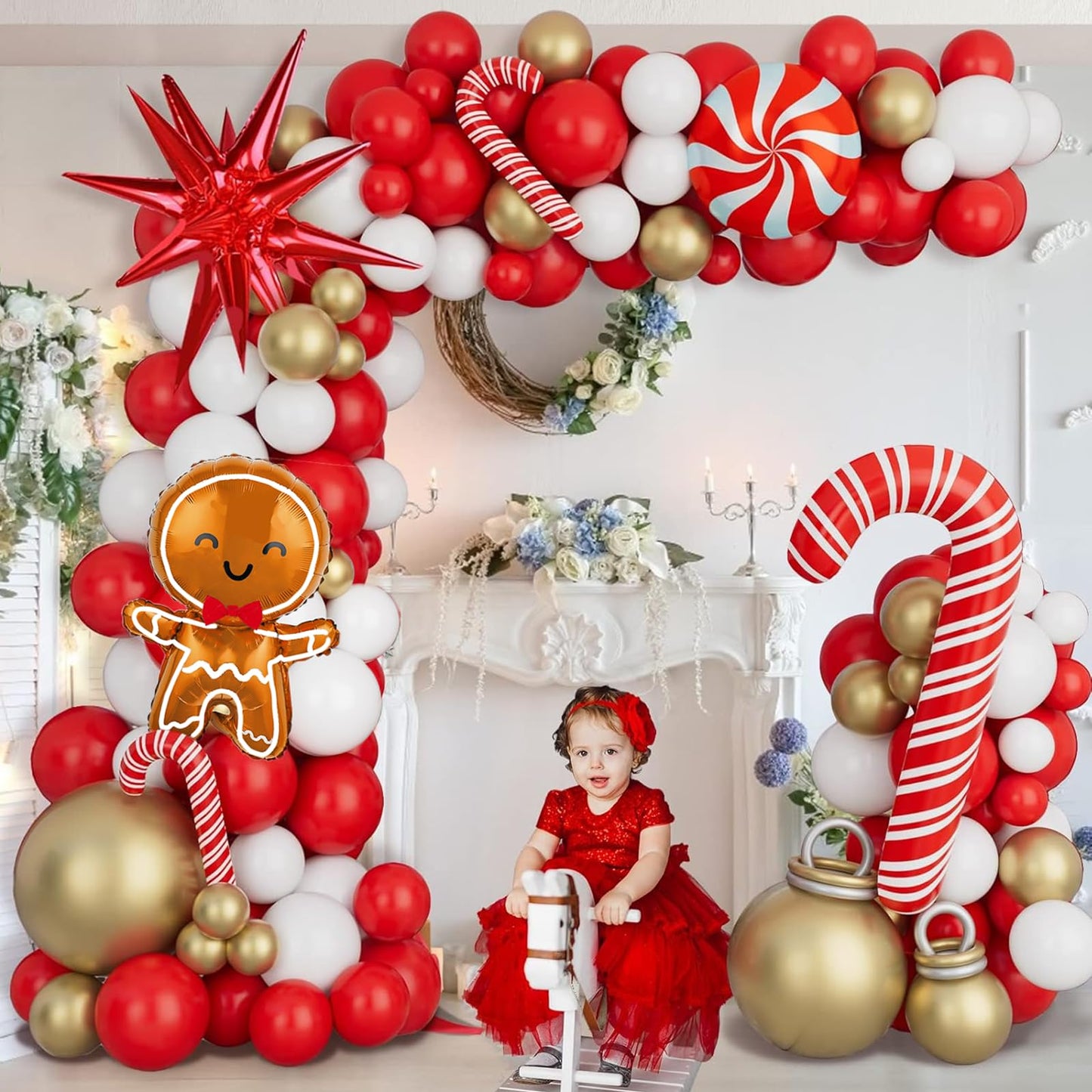 Christmas Balloon Garland Arch Kit Xmas Holiday Balloons With Red White Golden Balloons Candy Foil Balloons Candy Cane Balloons