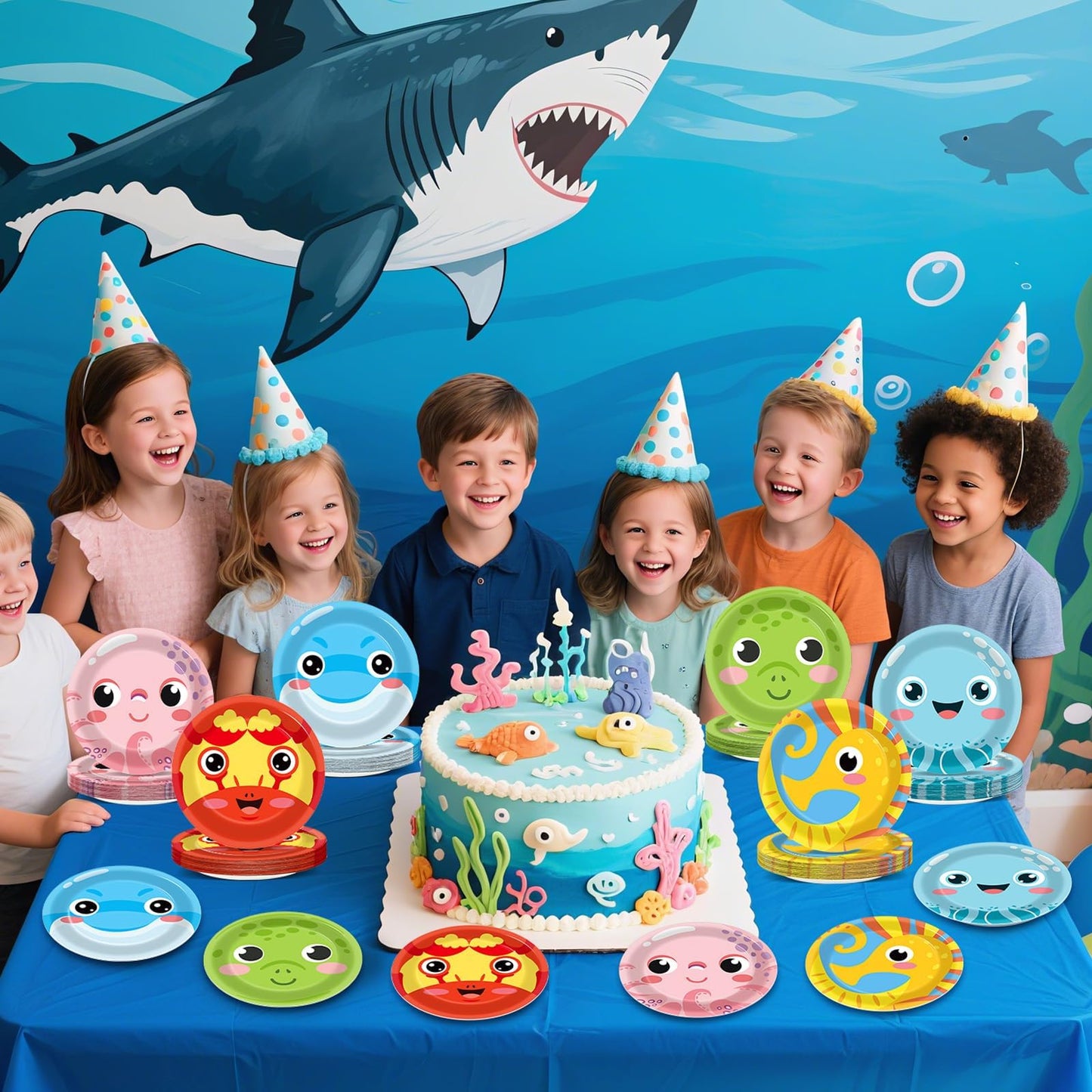 60PCS Under the Sea Party Decoration Ocean Creatures Birthday Paper Plates 7In Sea Animal Dessert Disposable Tableware Set for U