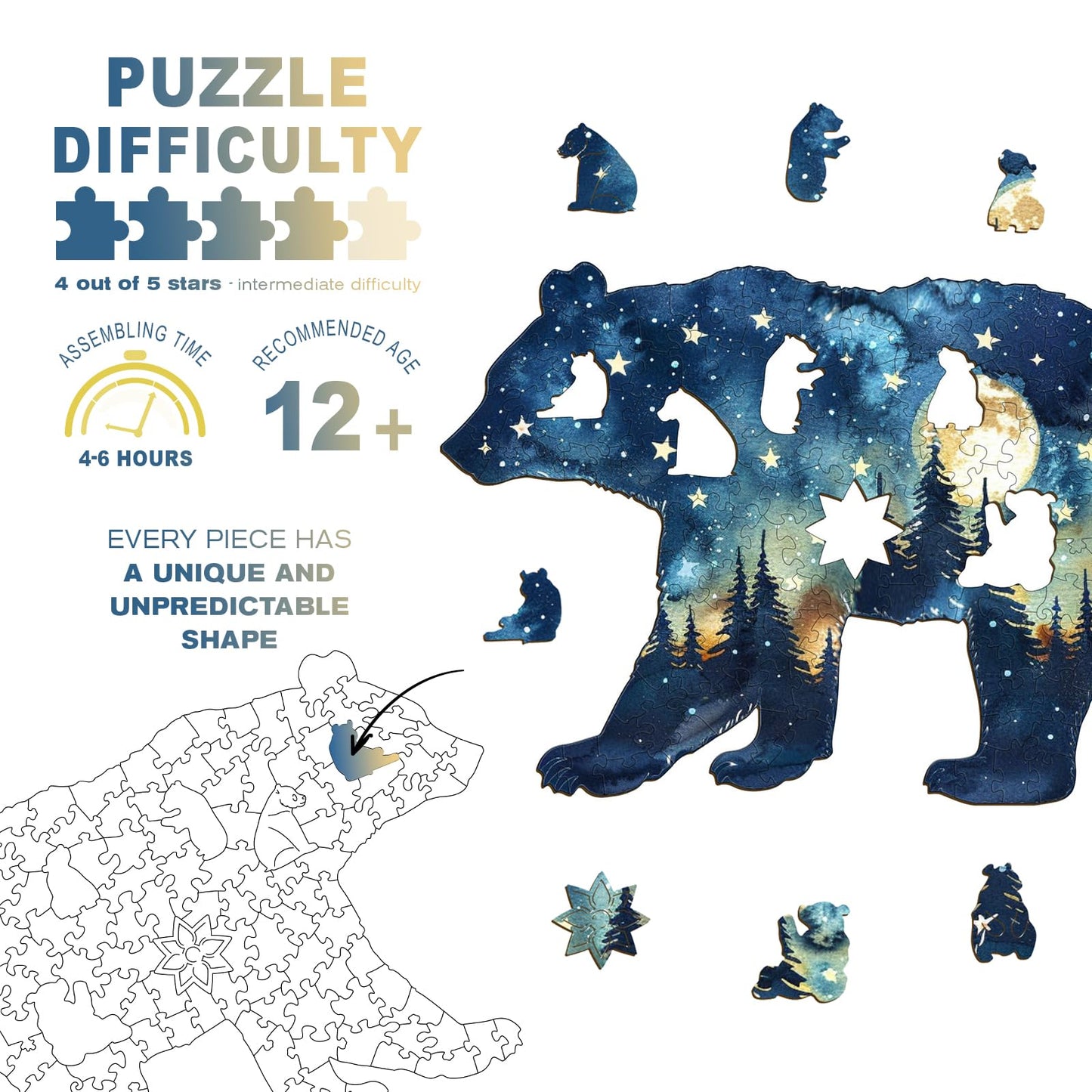 Wooden Puzzles for mature-themeds - Astral Bear Wooden Jigsaw Puzzle - Unique Animal Shaped Wood Puzzles mature-themed - Christmas Birthday Gifts for mature-themeds/Friends/Family - 200 Pcs 14.3 * 9.5in