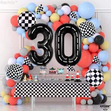 Katchon, Giant Race Car 0 Balloon Number - 40 Inch | Black Racetrack 0 Number For Race Car Theme Party Decorations, Road Party Decorations | Toddler Construction Party Supplies | Number 0 Balloon