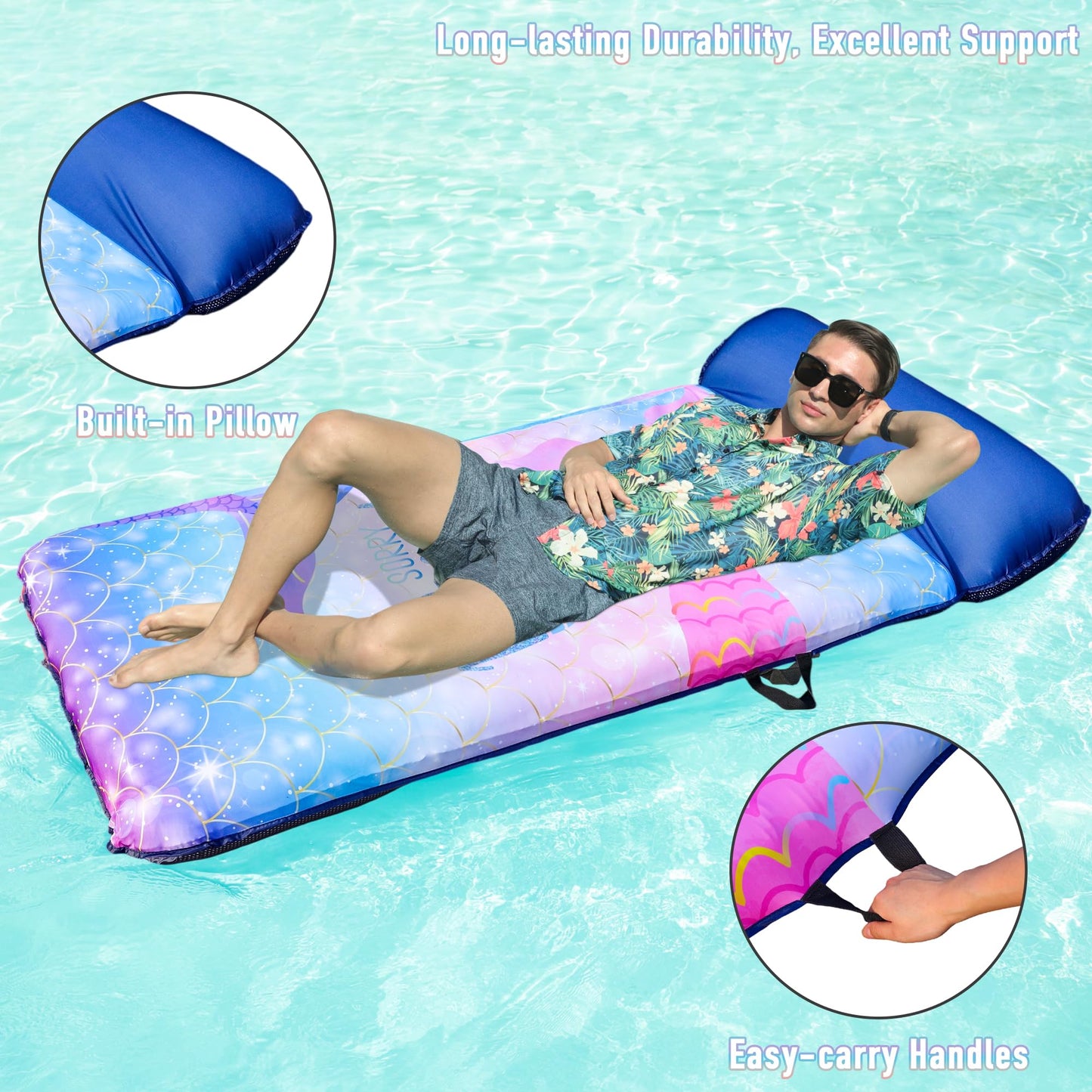 FindUWill Oversized Pool Floats mature-themed  72 X 37 X-Large Fabric Covered Pool Float Lounger with Headrest  Pool Floaties Raft Heavy Duty for Vacation (Mermaid)
