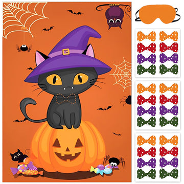 Boramdo Pin The Bowtie On Cat Neck Halloween Party Game For Kids Cat Poster With 24 Pieces Bowtie Stickers And A Blindfold For H