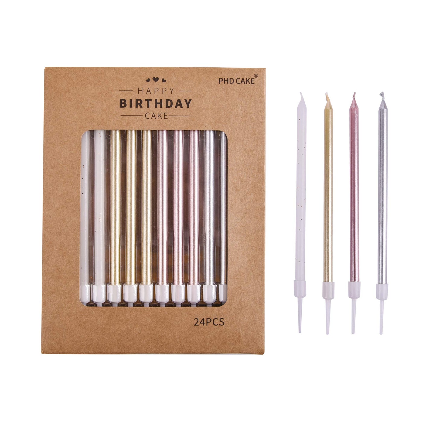 PHD CAKE 24-Count Long Birthday Candles in Holders in Gold Silver Rose Gold White, Cake Candles, Birthday Parties, Wedding Decor