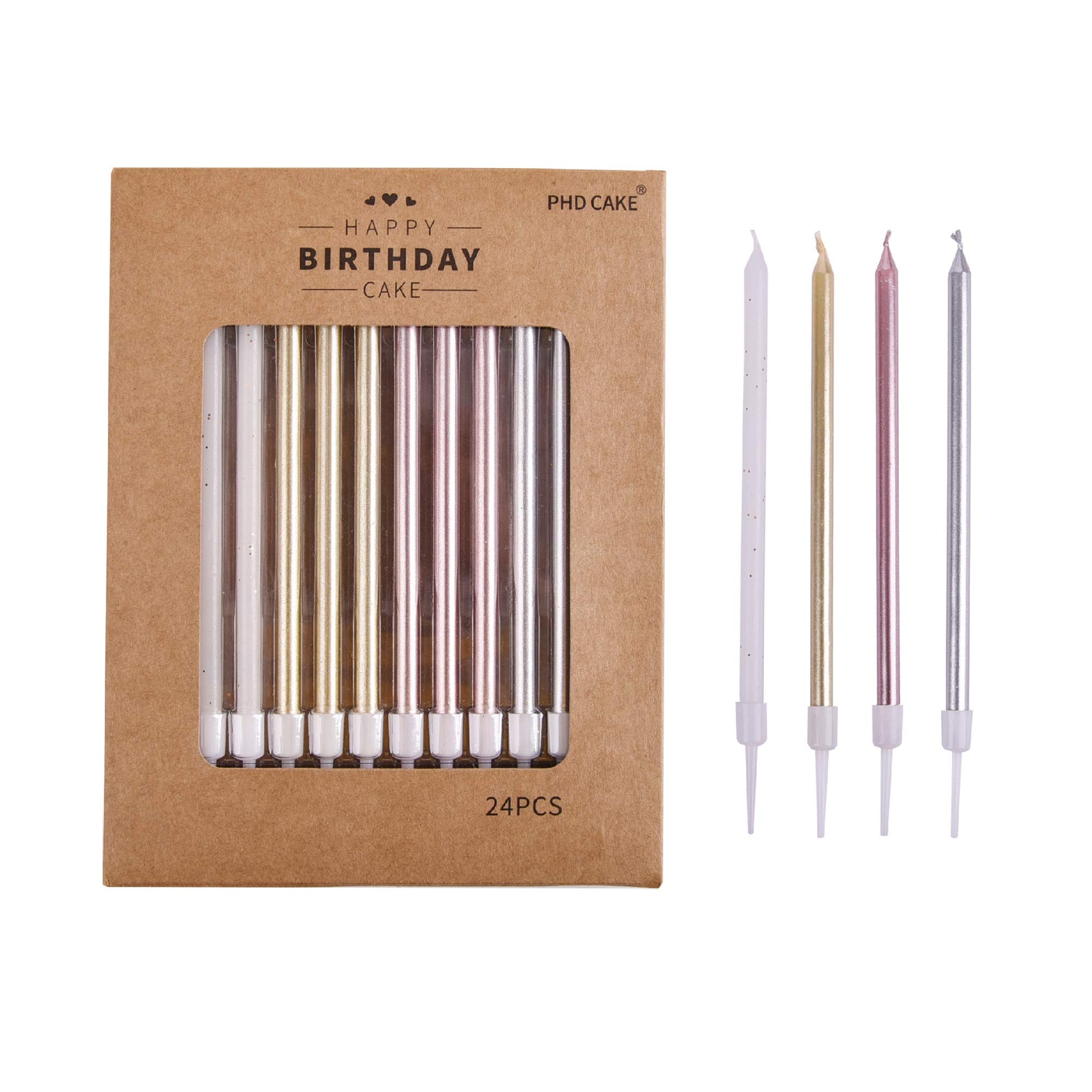 PHD CAKE 24-Count Long Birthday Candles in Holders in Gold Silver Rose Gold White, Cake Candles, Birthday Parties, Wedding Decor