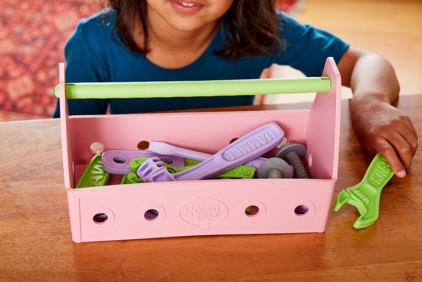 Green Toys Tool Set, Pink 4C - 15 Piece Pretend Play, Motor Skills, Language & Communication Kids Role Play Toy. No BPA, phthala