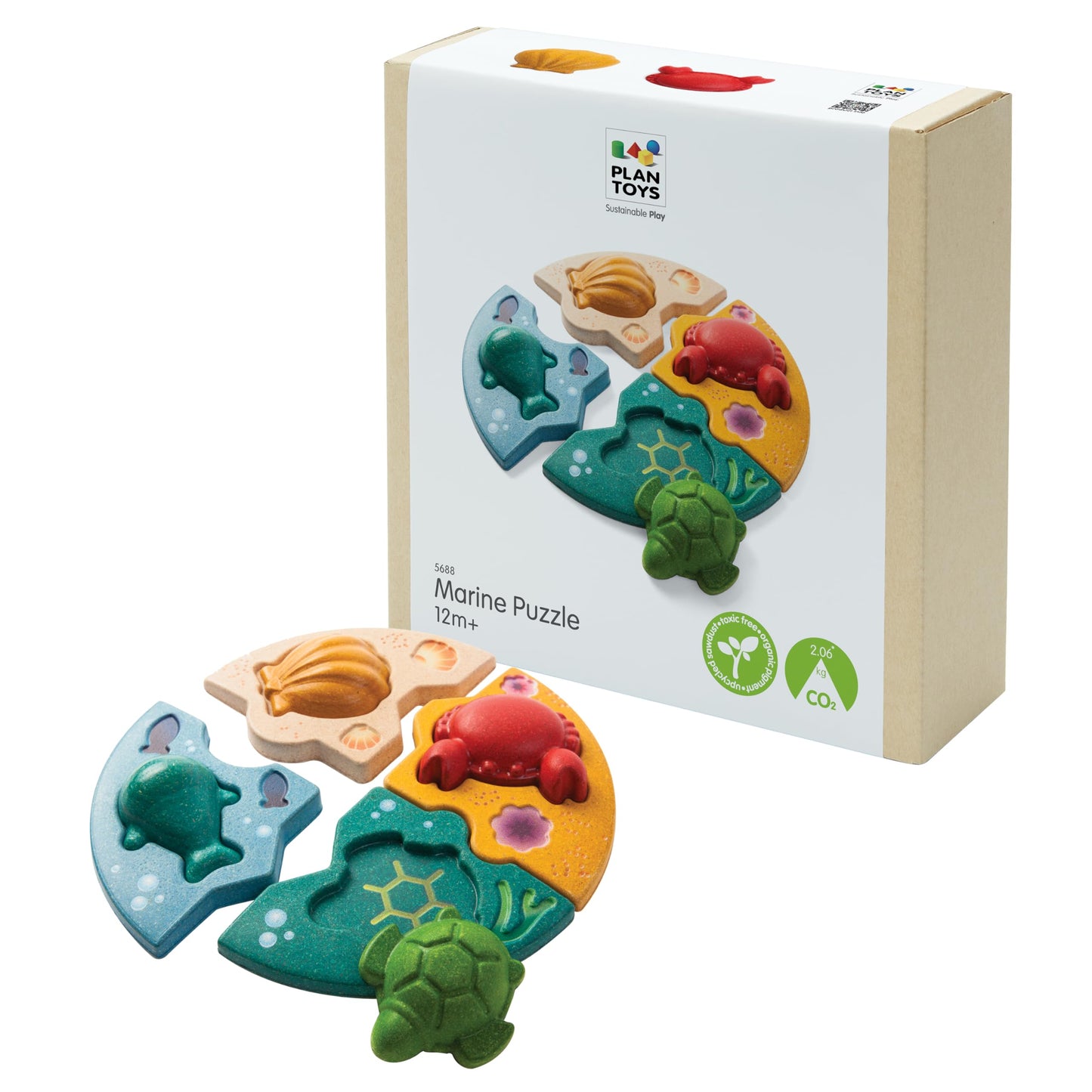PlanToys Marine Puzzle - Wooden Ocean Animal Toy, Eco-Friendly, 8 Pieces, 8.66 x 8.66 inches, Montessori Early Learning Activity