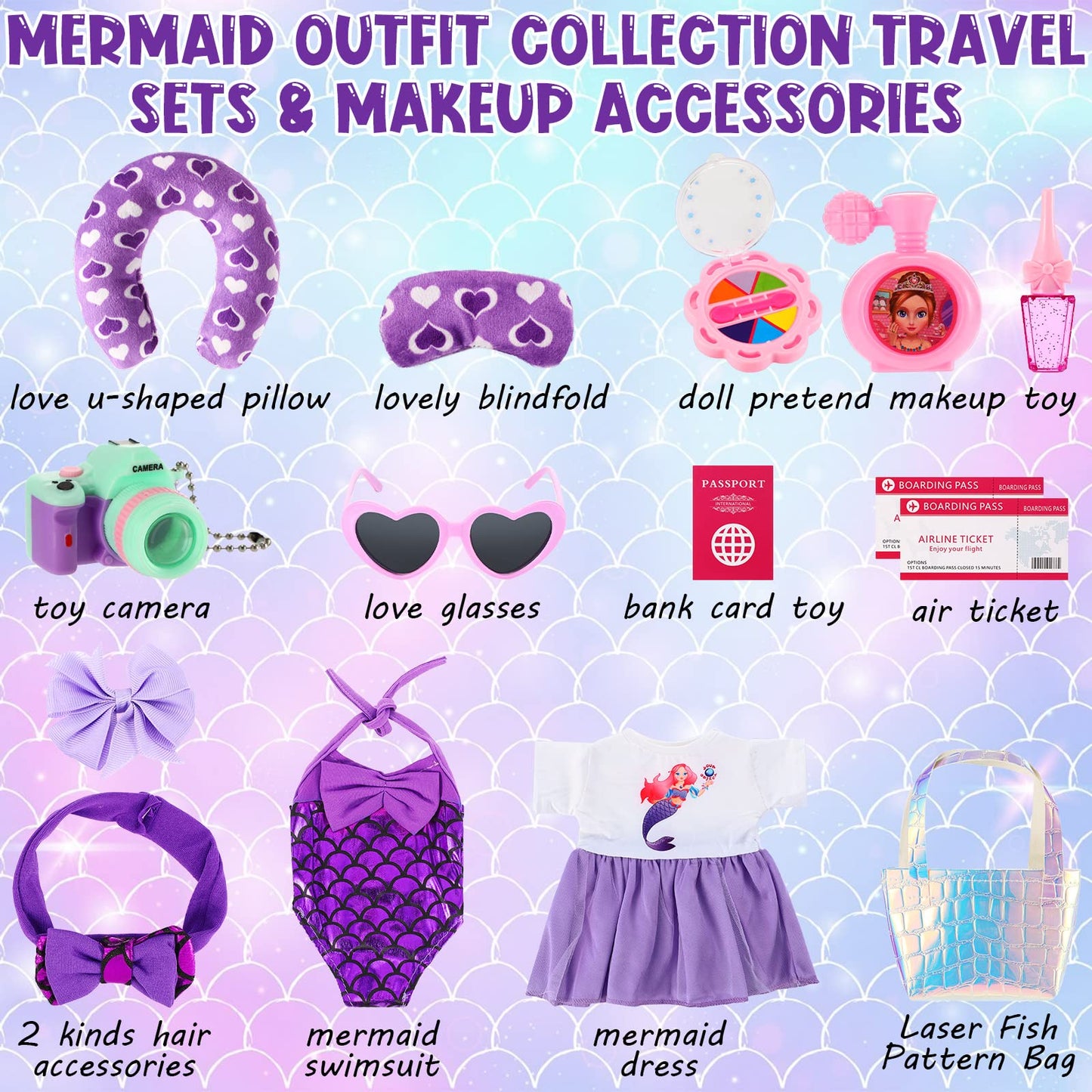 Travel Luggage Play Set For 18 Inch Doll Accessories And Furniture Doll Luggage Seat With Mermaid Doll Clothes Sunglasses Camera