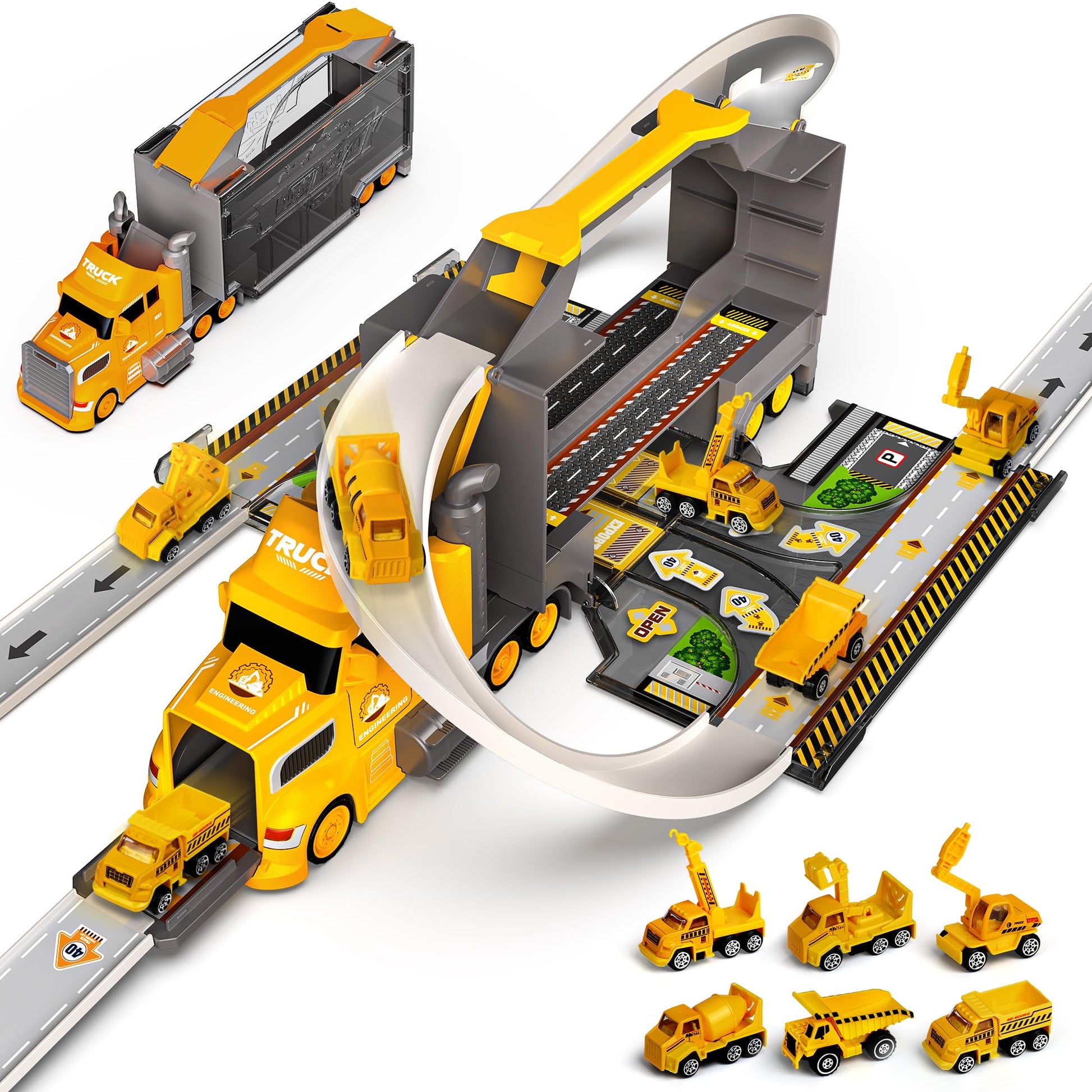 Carsky Truck Toy Cars for Toddlers Race Track Playset, 7in1 Construction Truck Toys in Transport Car Carrier, Cars Toys Gift for