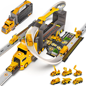 Carsky Truck Toy Cars for Toddlers Race Track Playset, 7in1 Construction Truck Toys in Transport Car Carrier, Cars Toys Gift for