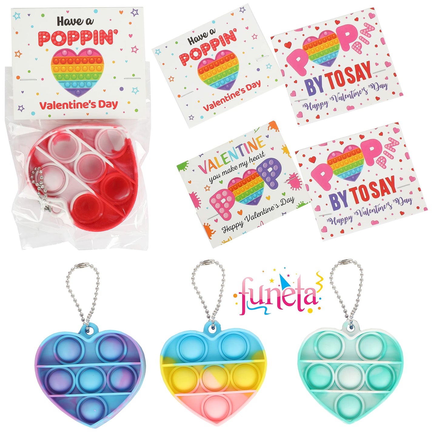 Funeta Valentines Pop Its - 30 Pack Fidget Cards for Kids, Silicone Keychains in Red, White, Blue, Pink, Yellow, Purple