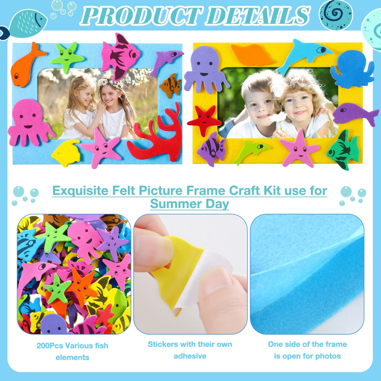 Marsui 232 Pieces Summer Ocean Beach DIY 5 x 7 Picture Frame Craft Kit 32 Summer Under The Sea Felt Photo Frames and 200 Foa