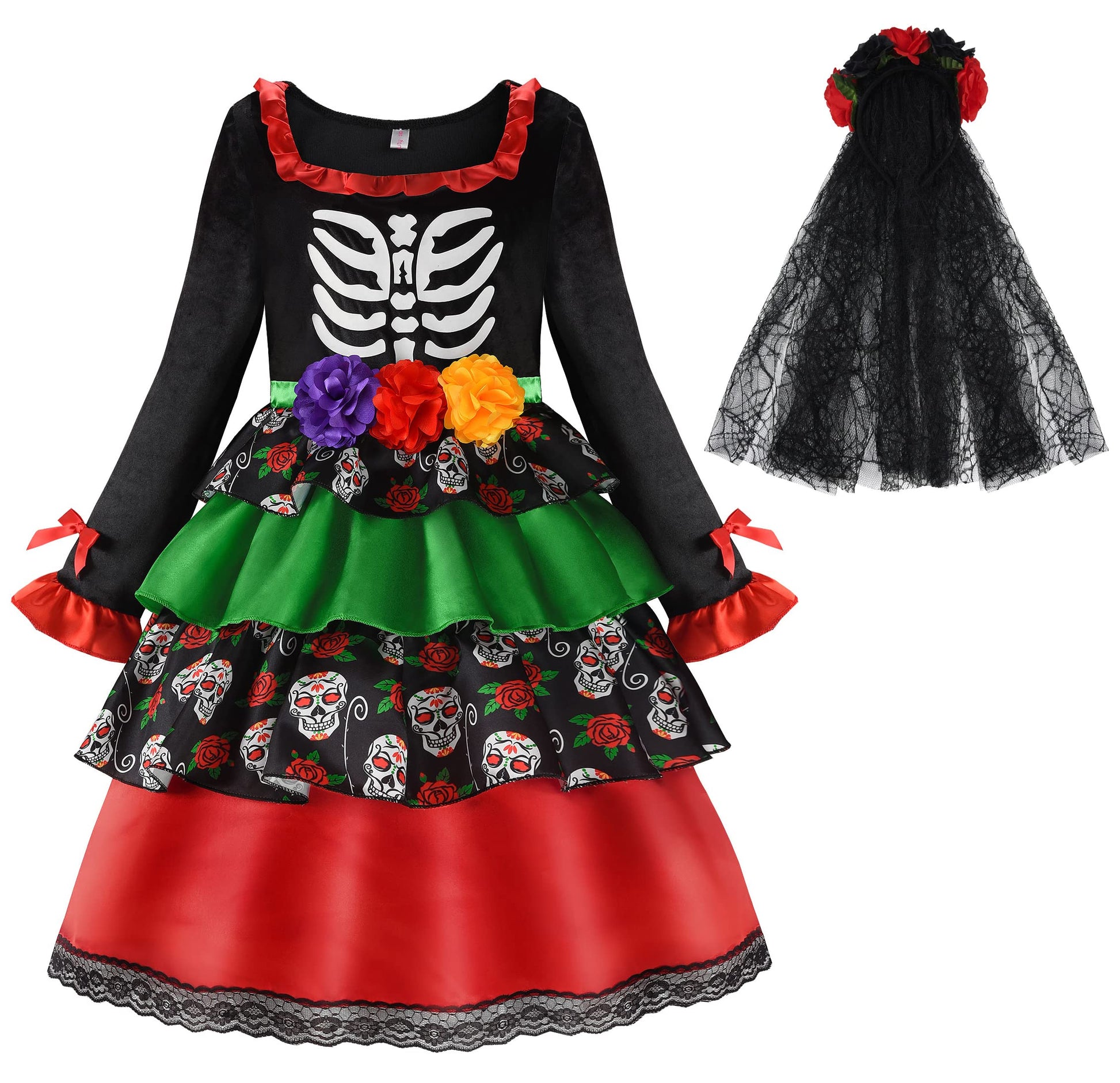 Relibeauty Kids Day Of The Dead Costume For Girls Sugar Skull Costume With Flower Headband 150