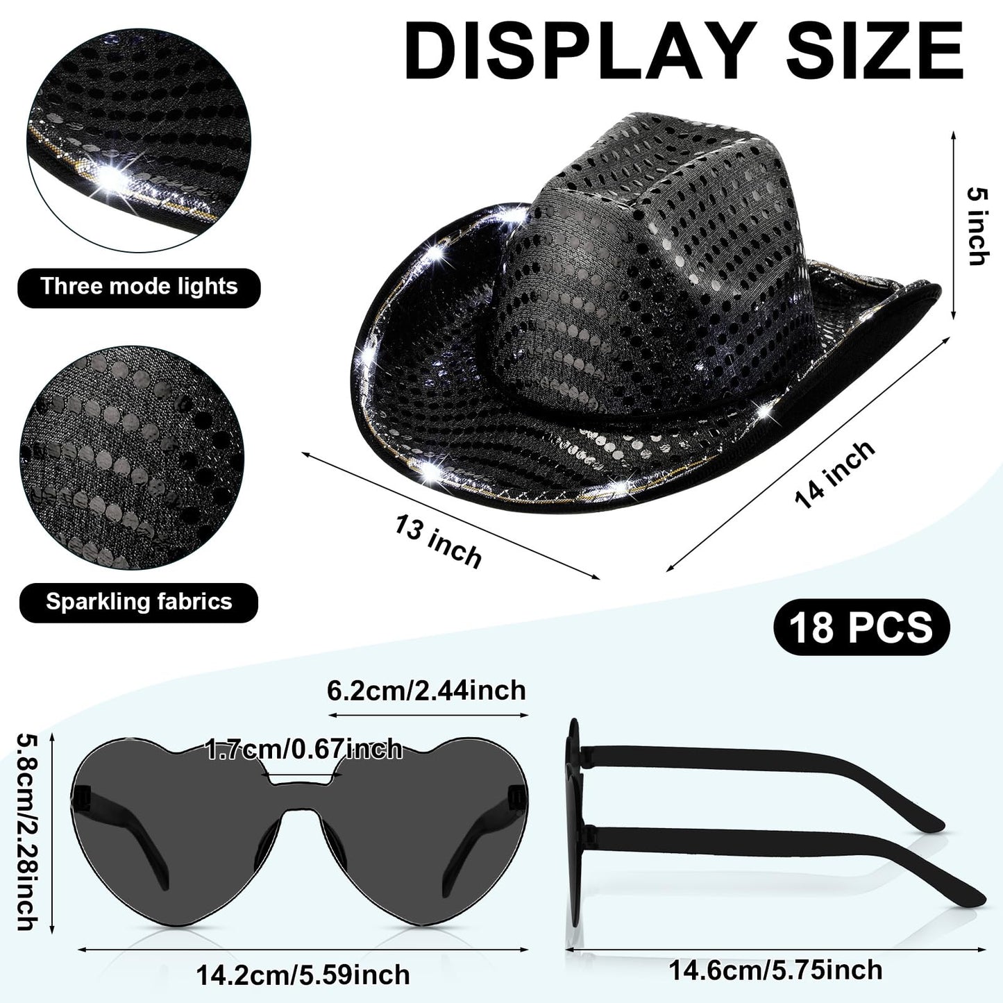 Zhanmai 24 Set LED Cowboy Hat Light Up Glitter Cowboy Hat with Sunglasses Sequin Space Cowgirl Sunglasses for Women Men Costume