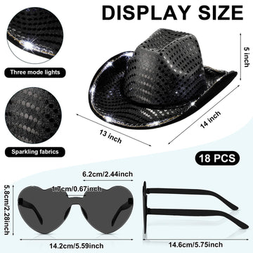 Zhanmai 24 Set LED Cowboy Hat Light Up Glitter Cowboy Hat with Sunglasses Sequin Space Cowgirl Sunglasses for Women Men Costume