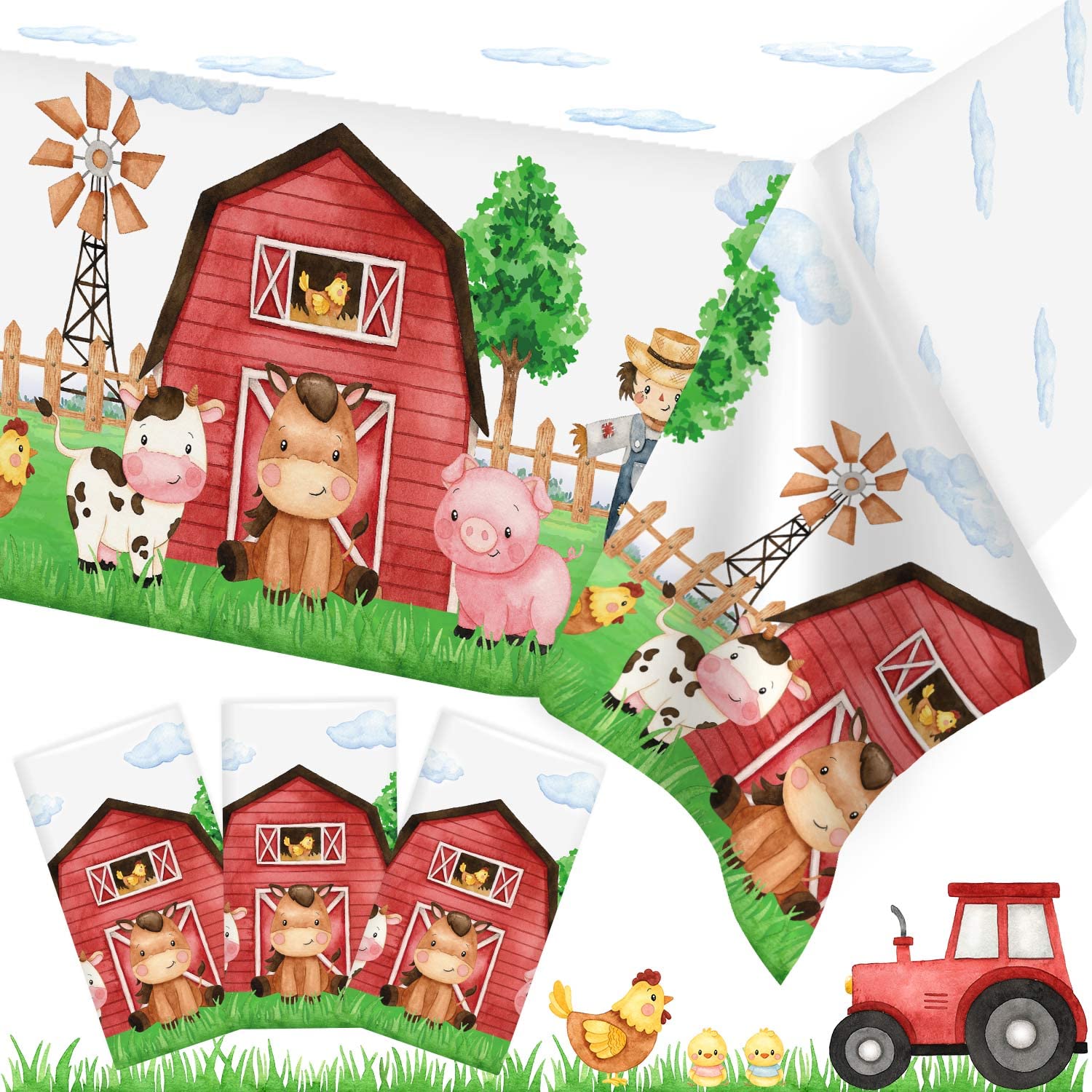 Heboland 3 Pieces Farm Animal Birthday Party Supplies Tablecloth, Large Size 54 x 108 Inch Rectangular Plastic Table Cover, Barn