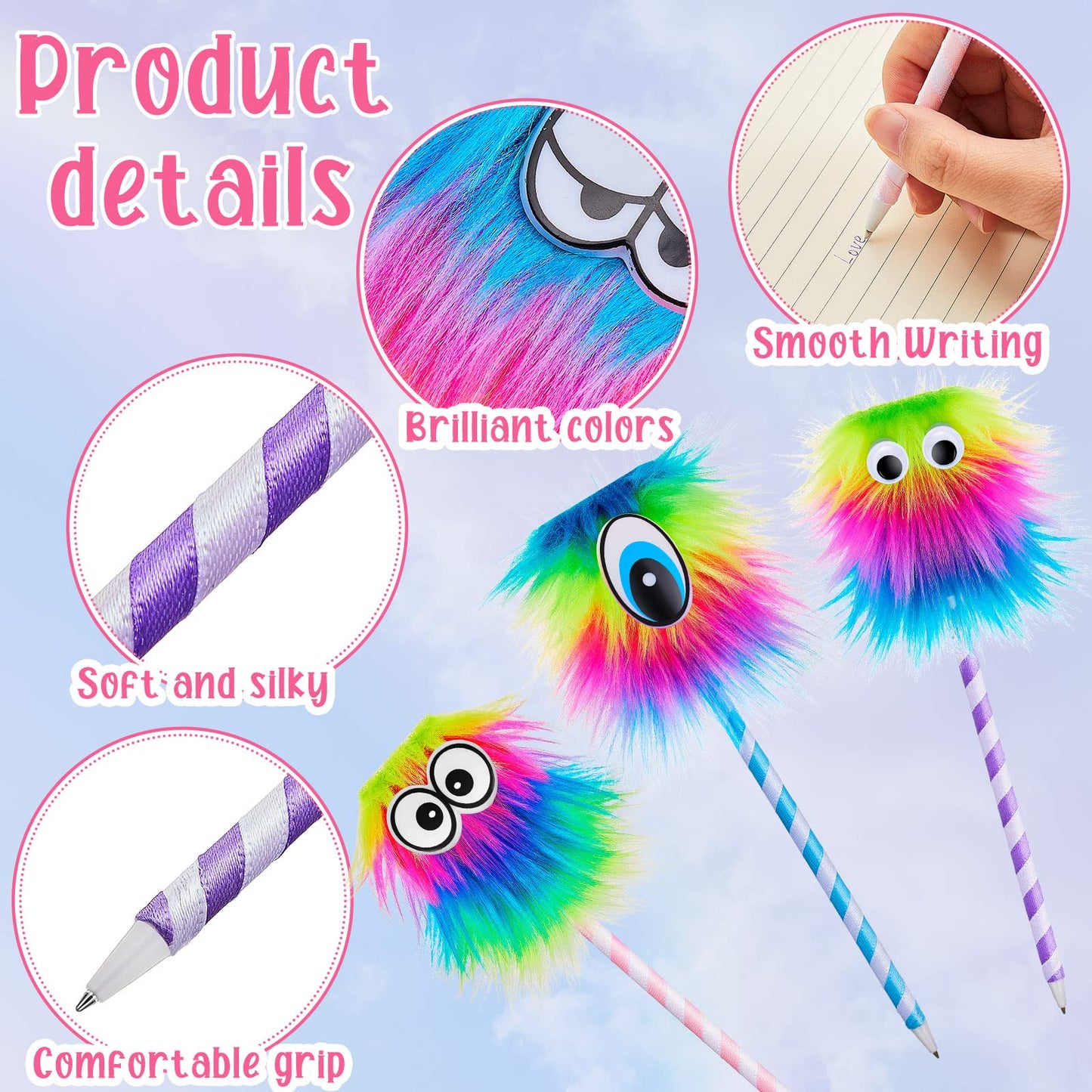 32 Pieces Rainbow Fluffy Monster Pens Cute Fun Pen for Monster Party Favors School Office Birthday Carnival Party Favor Supply