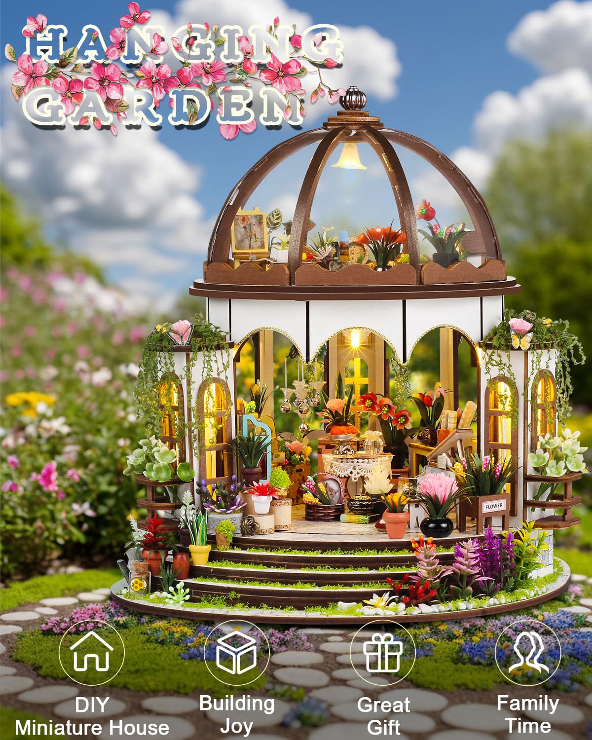 Ourmiao Miniature House Kit Hanging Garden, Diy Miniature Dollhouse Kit For Adults With Furniture & Led Lights, Wooden Craft Gif