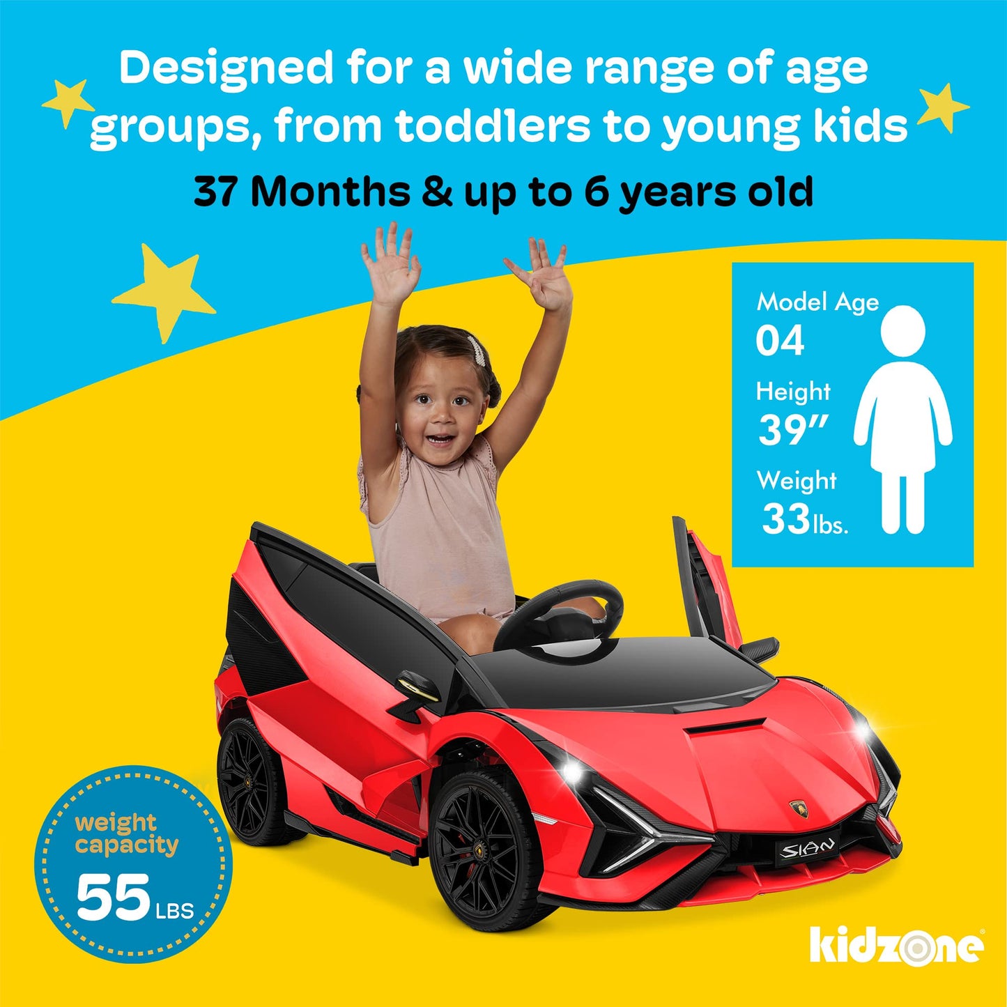 Kidzone Kids 12V Electric Ride On Licensed Lamborghini Sian Roadster Motorized Toy Car With Remote Control, Wheels Suspension, Led Lights & Music - Green With Gold Rim