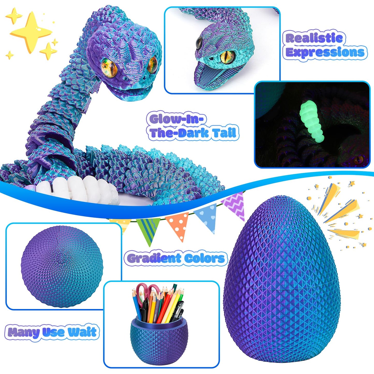 Tboline 3D Printed Snake Eggs, Easter Egg Filled With Toy - Basket Essentials For Kids Boy Girls, Flexible Articulated 3D Printe