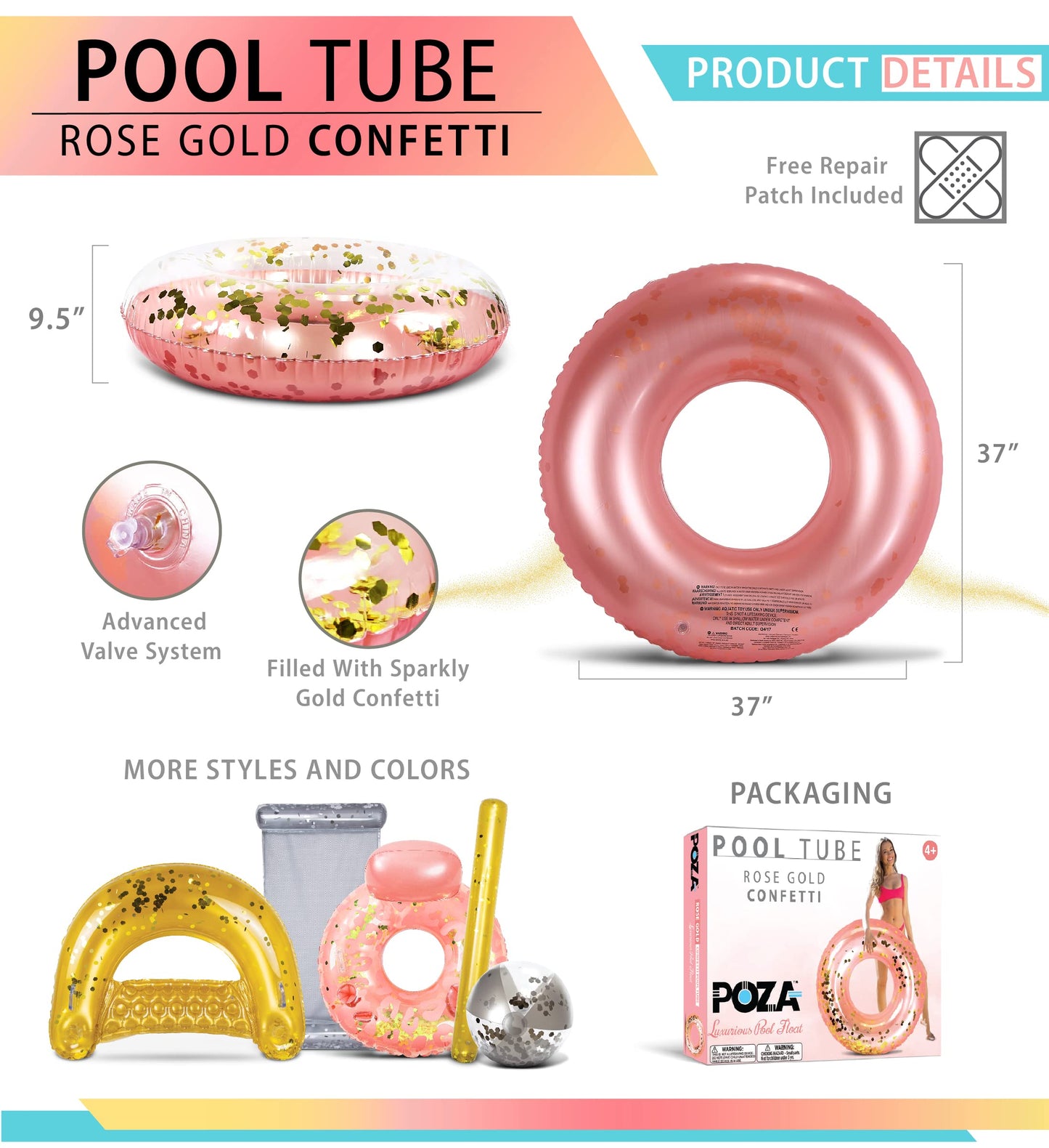 CoTa Global Inflatable Pool Float Tube Confetti 36 Inches enhanced Swim Ring Heavy Duty Vinyl Flotation Pool Floats Toy for The Beach  Party  Vacation  UV Resistant - Pool Party (Rose Gold)