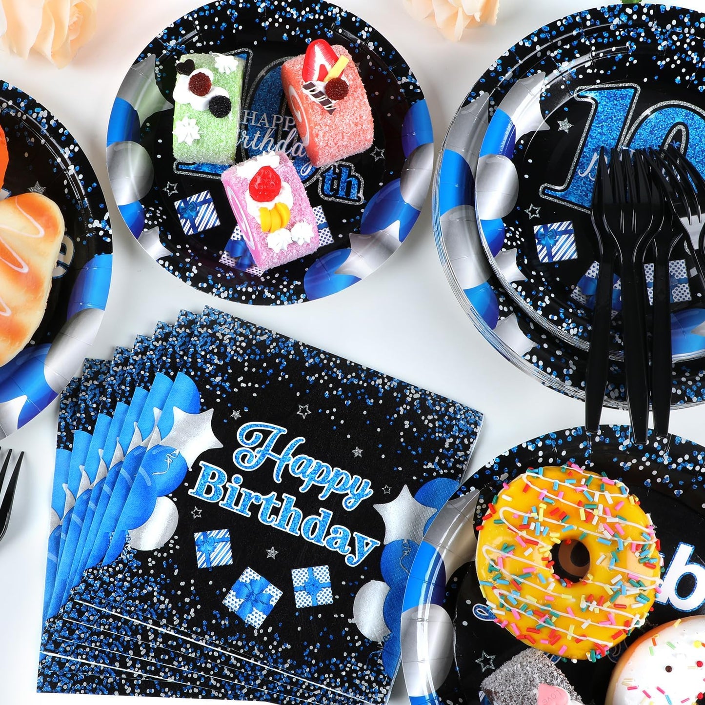 Qyeahkj 100 Pcs 10Th Birthday Decoration For Boy Girl Navy Blue Black Paper Plate Napkin Set Double Digits Birthday Dinnerware T