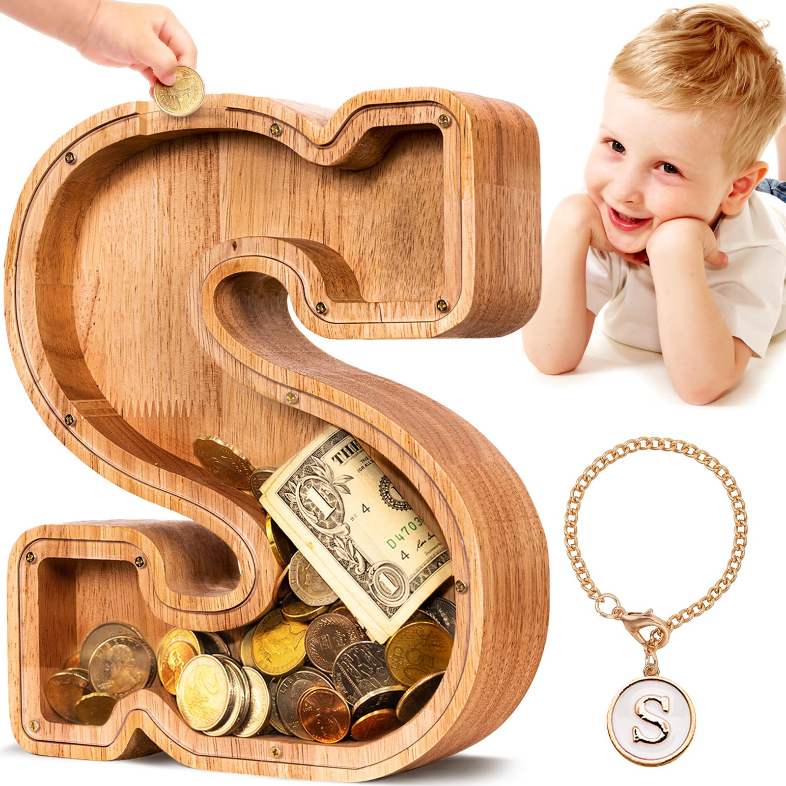 SummiDate Wooden Letter Piggy Bank| Piggy Bank for Boys Girls Toddler| Alphabet S Money Bank| Coin Bank Birthday Gift for Kids|Birthday Gift for Kids (S)