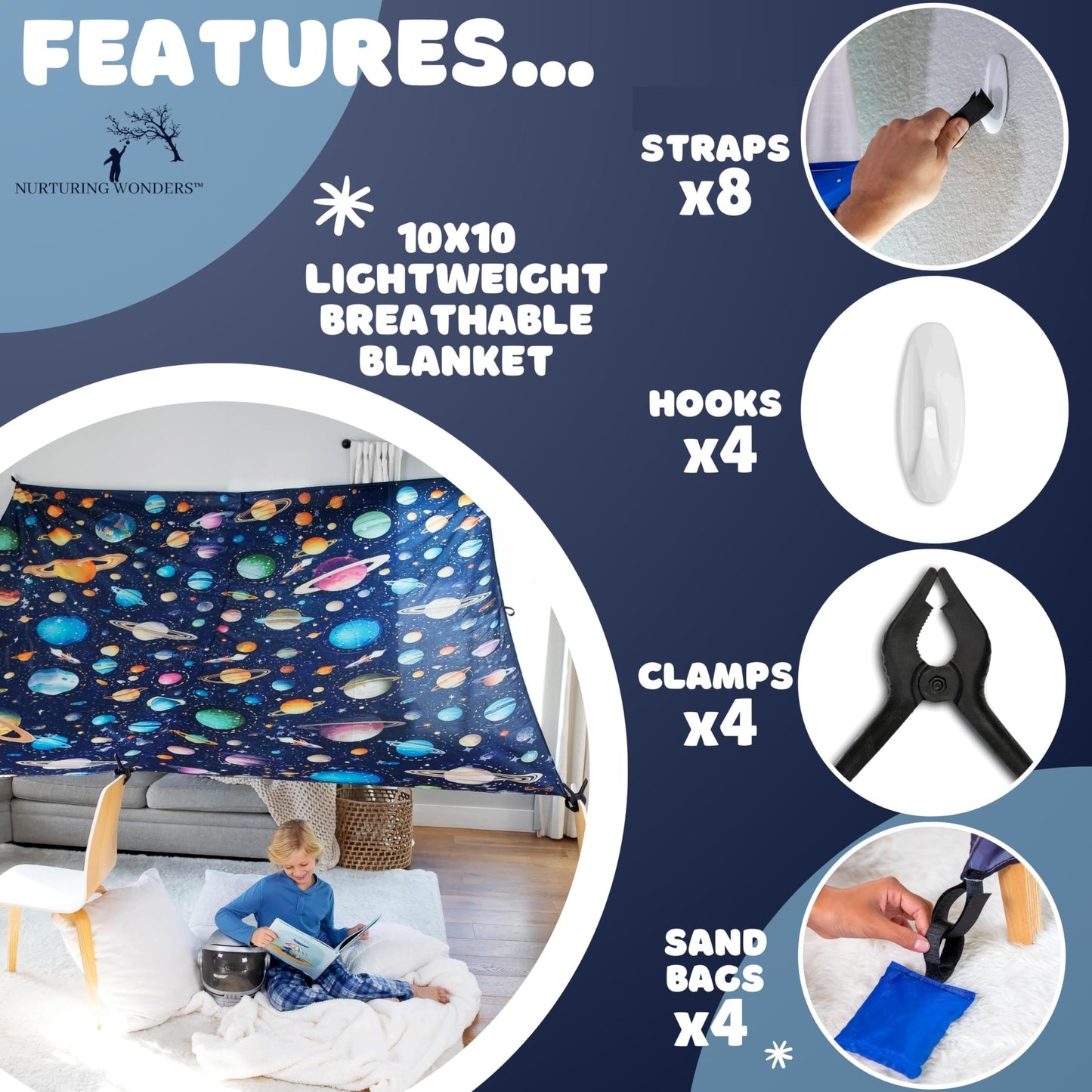 Blanket Fort Building Kit, X-Large 10' X 10' With Clips, Hooks And Sandbags, Play Blanket Fort Indoor Kit, Use As A Canopy, Play