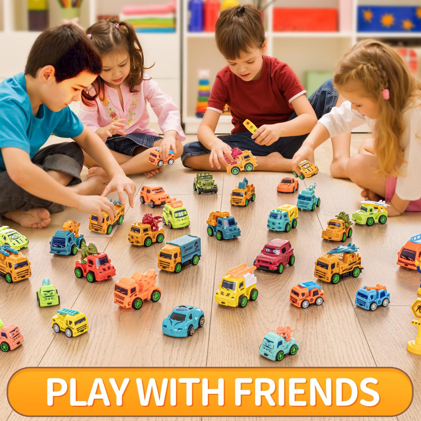 SeventhDuck Mini Cars 14PCS, Pull Back Racing Toy Car Set, Racing Toy Vehicles Mini City Cars with Roadblocks and Characters, Pa