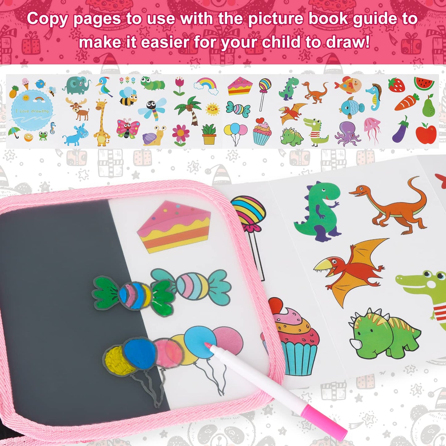 Qrytoi Erasable Book Doodle Set for Kids,Reusable Magic Drawing Book for Kids with 12 Watercolor Pens 14 Page Drawing,Road Trip