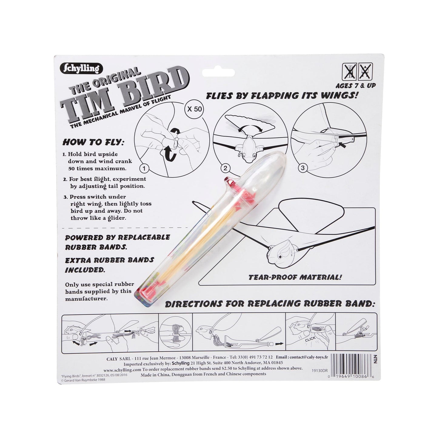 Schylling Tim Bird Flying Toy - Rubberband-Powered Mechanical Bird, Flies 50 Feet, Green, Plastic/Rubber, Ages 7+