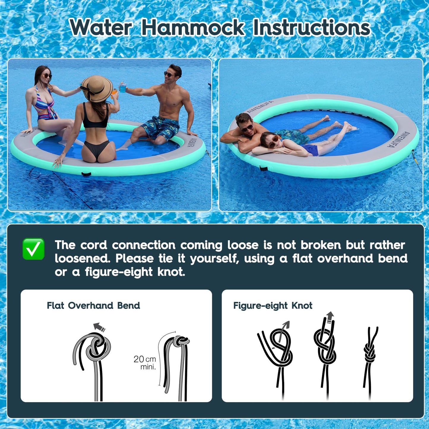 Awemufa 8Ft Floating Ring Lake Raft For Adults 8 Inch Thickness Inflatable Water Hammock Multi-Person Party Water Toys Round Min