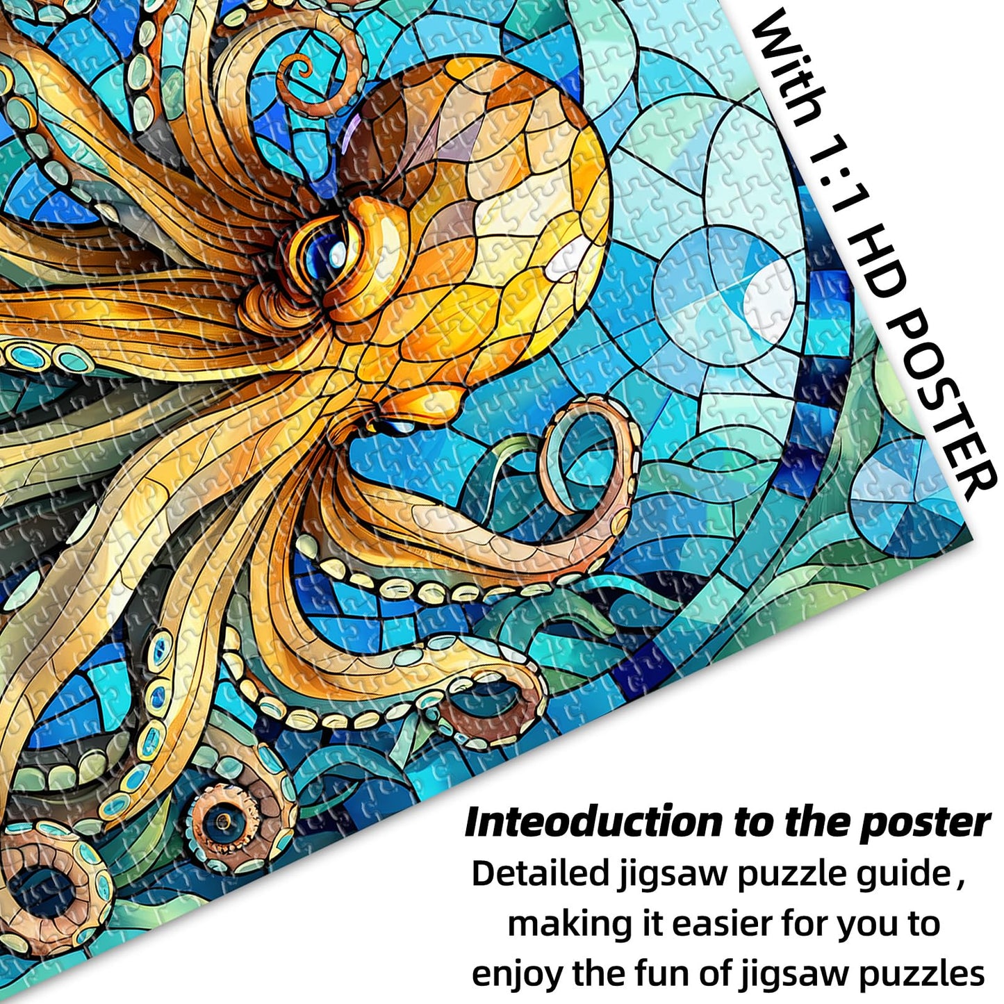 Sutinban 1000 Piece Stained Glass Octopus Puzzle for Adults, 27.5"x19.7", Great Gift for Sea Creatures Lovers