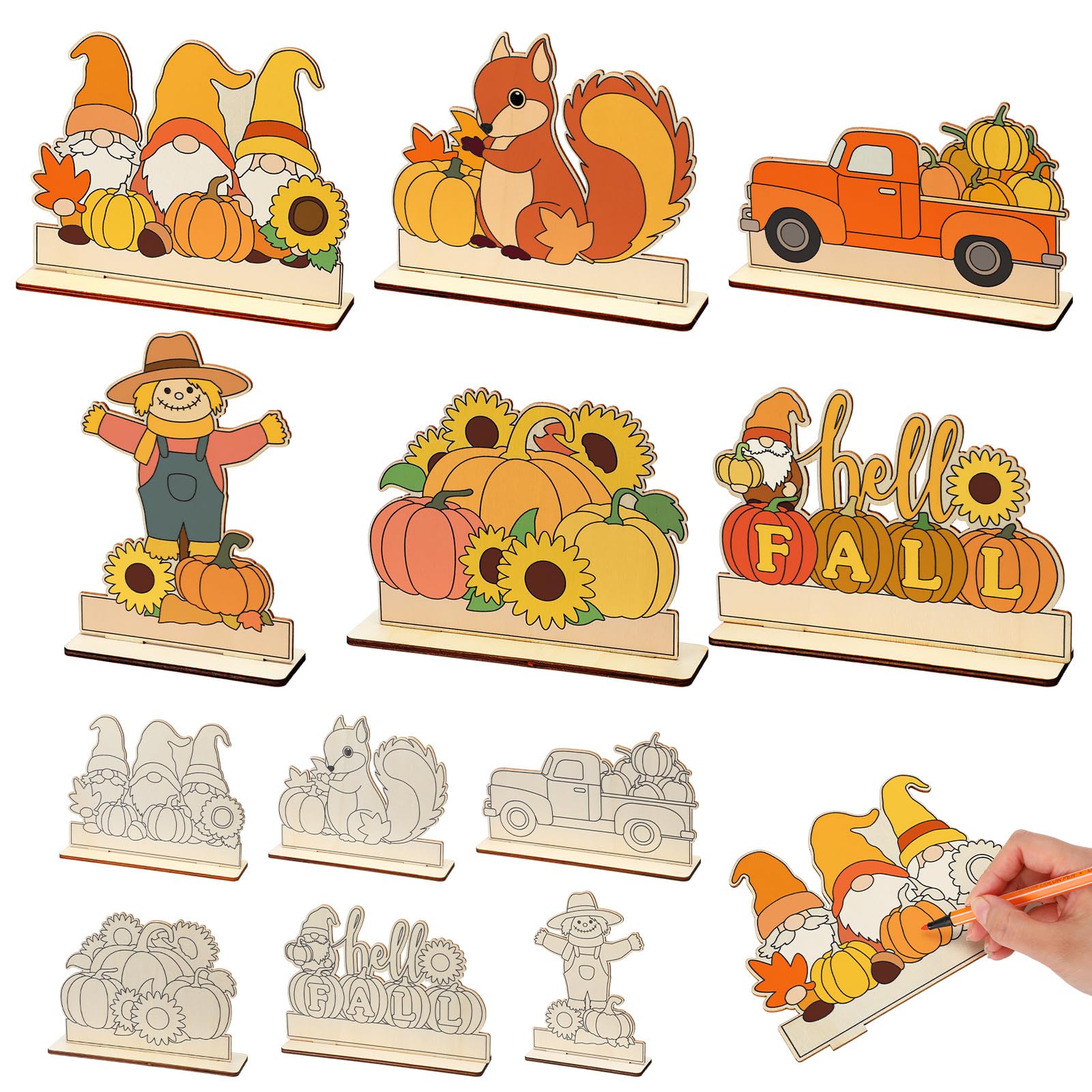 Yousoontic 24 Pcs Wooden Fall Crafts Color Your Own Autumn Table Signs Decorations DIY Hello Fall Gnomes Pumpkin Truck Scarecrow