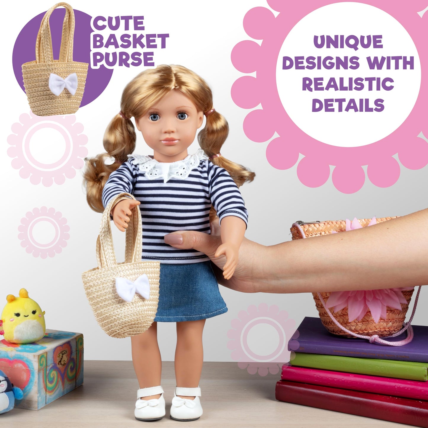 Dress Along Dolly Casual Back to School Day Doll Outfit for 18 Dolls - enhanced Handmade Clothes -4 Piece Clothes Set Costume Includes Shirt  Skirt  Shoes  & Purse  Gifts for Girls Kids Birthday