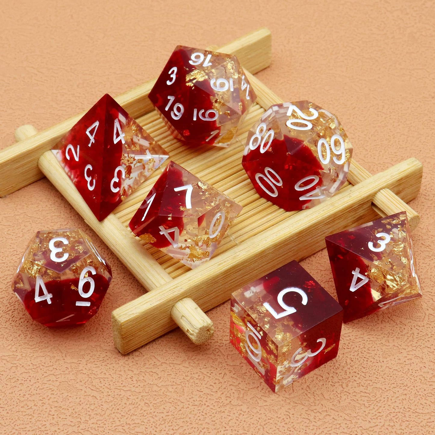 PJOY DND Sharp Edged Dice Set, 7pcs Red Clear Resin DND Dice Set D&D Polyhedral Dice with Dice Case for Role Playing Dice Games