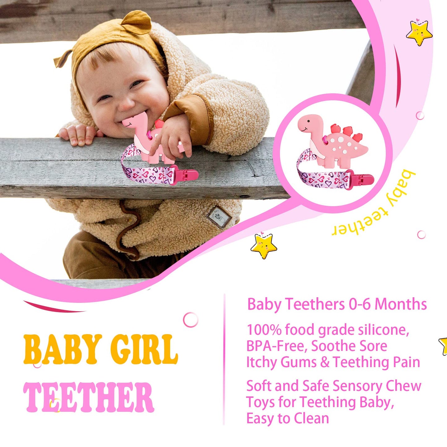 BIGSPINACH 1 Soft Dinosaur Teether for Babies and 1 Baby Pacifier Clip, Valentines Day Gifts for Baby Girl Boy,Silicone Chew Toy