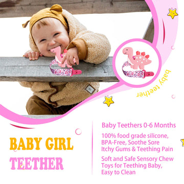 BIGSPINACH 1 Soft Dinosaur Teether for Babies and 1 Baby Pacifier Clip, Valentines Day Gifts for Baby Girl Boy,Silicone Chew Toy