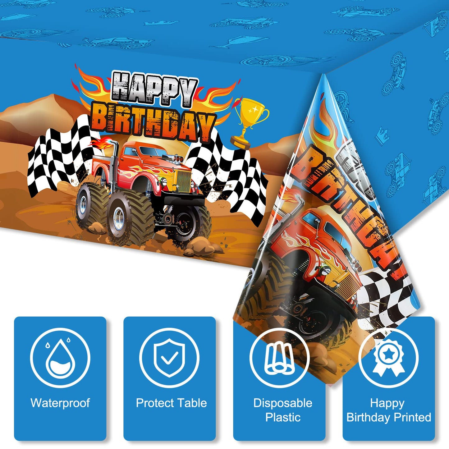 Monster Truck Tablecloth Happy Birthday Monster Truck Party Table Cover Monster Machine Table Cover Grave Digger Theme Checkered Flag Tablecloth For Birthday Party Decorations Supplies(6 Pieces)