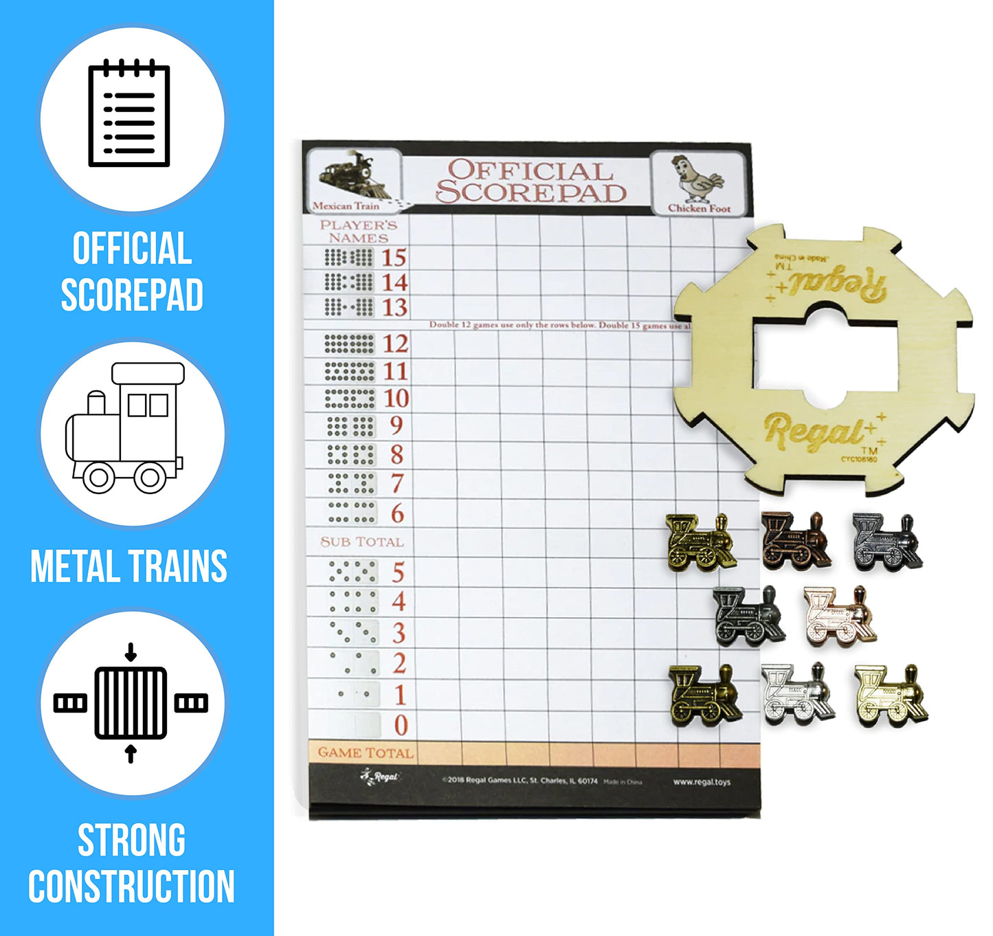 Regal Games Mexican Train Domino Expansion Set - 8 Metal Marker Trains With Unique Finishes - Replacement Wooden Hub - Scoreshee