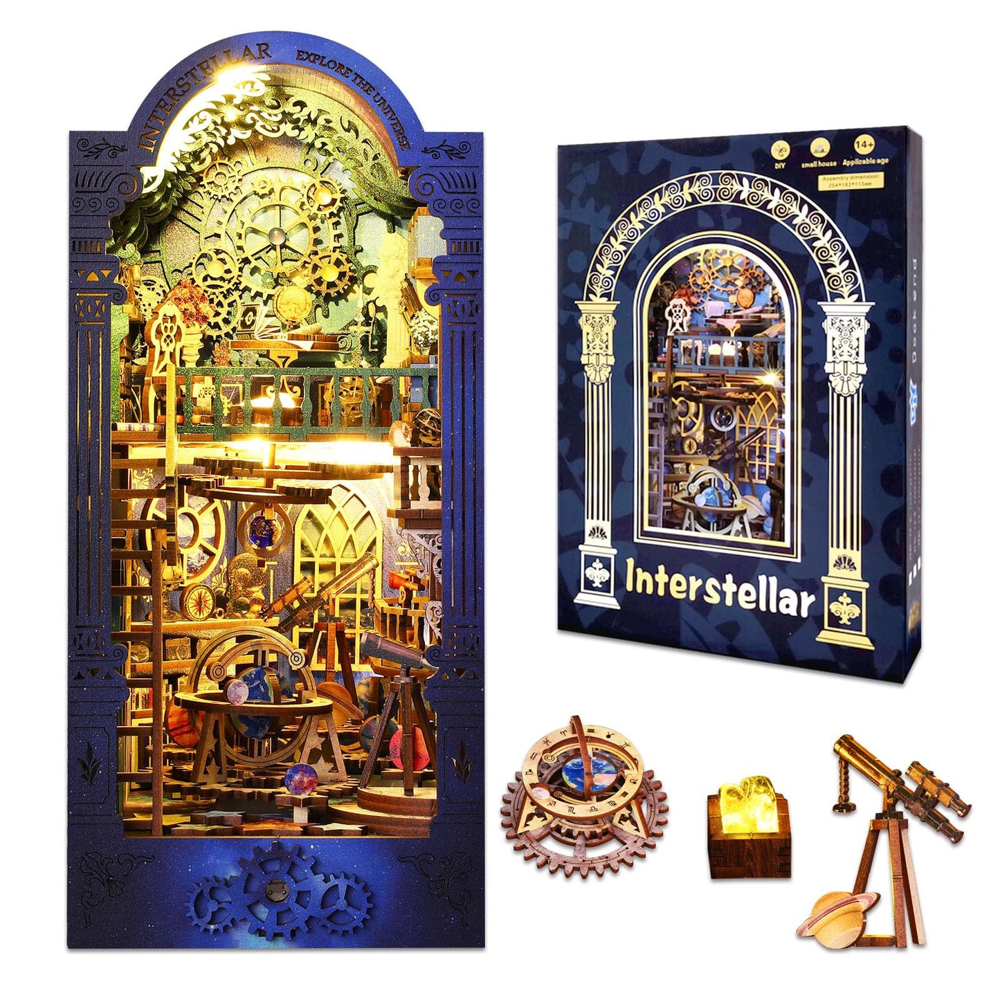 Ourmiao Book Nook Kit Interstellar, Diy Booknooks Kit For Adults Teens With Sensor Lights, Bookshelf Diorama Miniature Scenes In