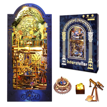 Ourmiao Book Nook Kit Interstellar, Diy Booknooks Kit For Adults Teens With Sensor Lights, Bookshelf Diorama Miniature Scenes In