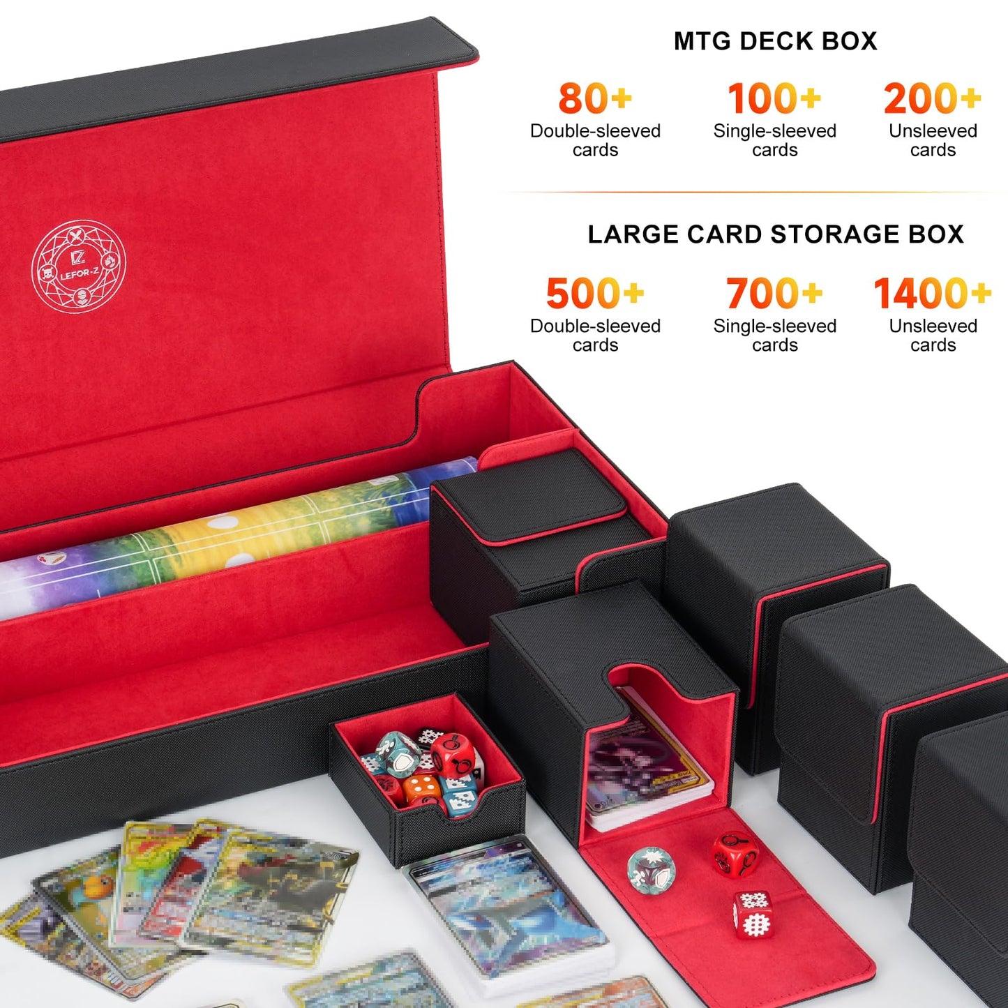 LEFORZ 6 in1 Card Deck Box Set X-Large enhanced Card Game Deck Storage Box with 5 Small Card Deck Case Compatible with MTG/TCG/Yugioh/Magic/Commander(Black&Red)